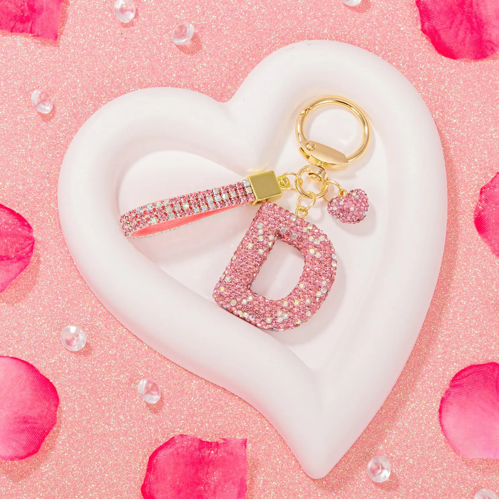 MWOOT Rosa Auto Portachiavi Regalo per Donne Ragazze Iniziale Lettera Portachiavi Carino Bling Ciondolo per Borsa Zaino Borsetta Ciondoli, D - immagine 5