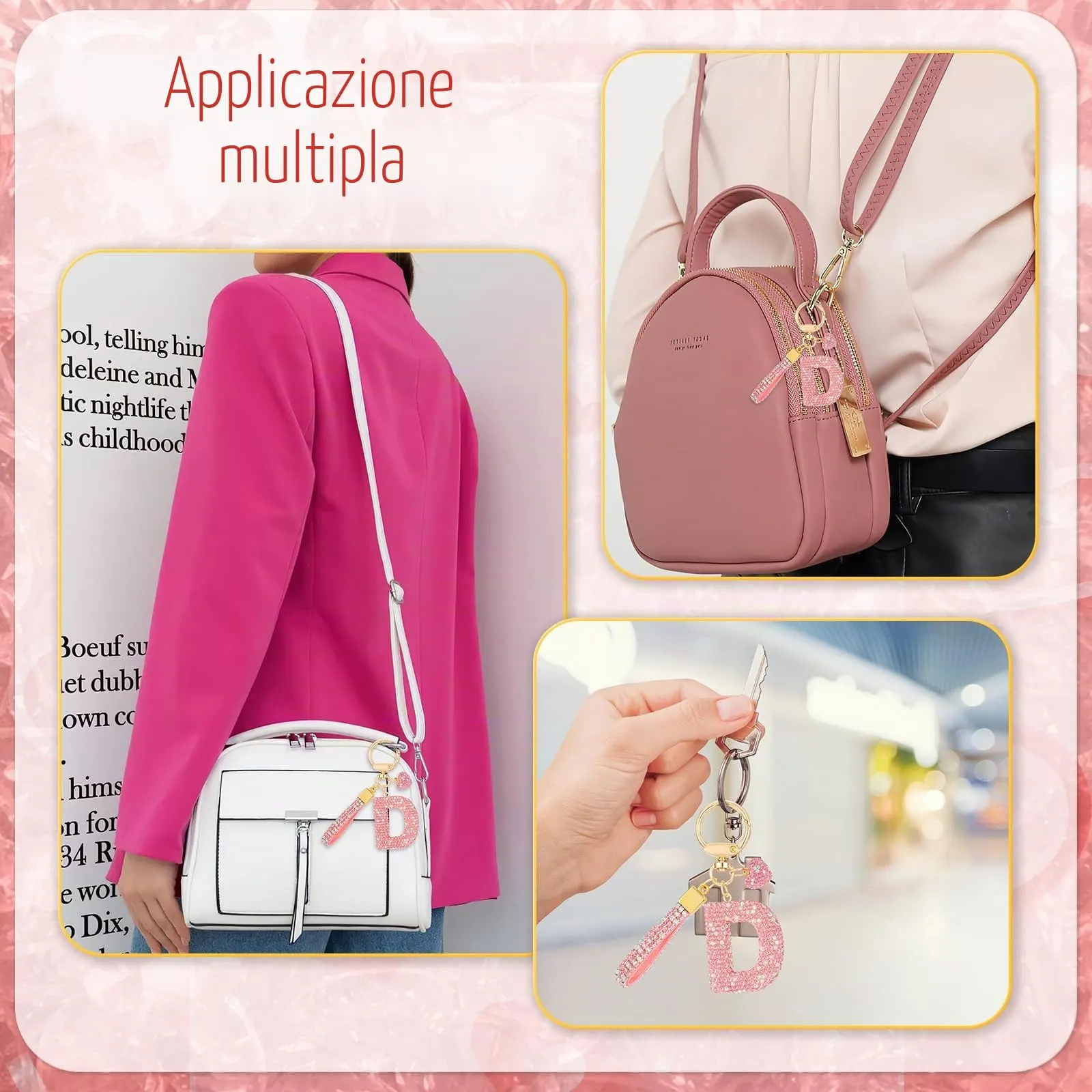 MWOOT Rosa Auto Portachiavi Regalo per Donne Ragazze Iniziale Lettera Portachiavi Carino Bling Ciondolo per Borsa Zaino Borsetta Ciondoli, D - immagine 7