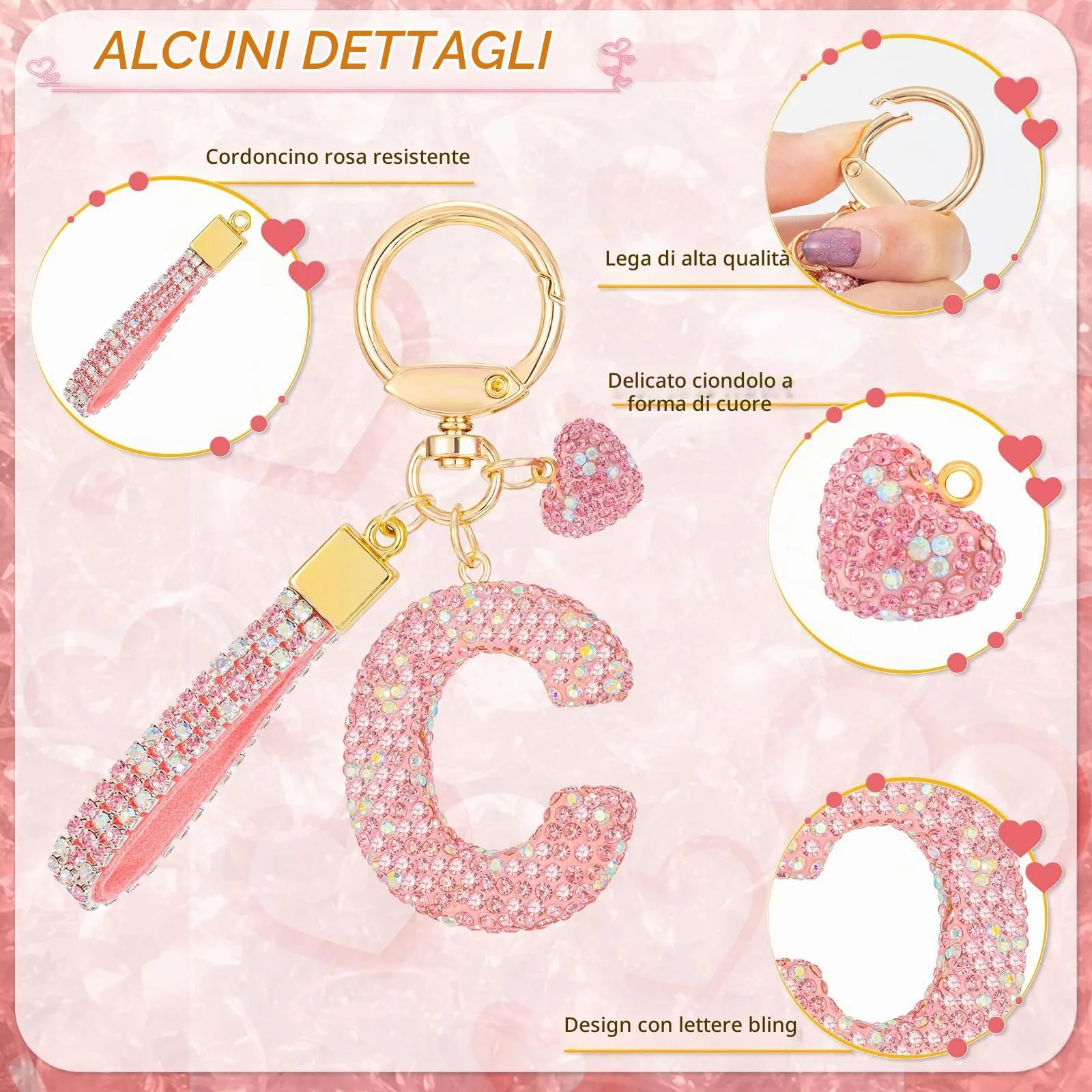 MWOOT Rosa Auto Portachiavi Regalo per Donne Ragazze Iniziale Lettera Portachiavi Carino Bling Ciondolo per Borsa Zaino Borsetta Ciondoli, C - immagine 2