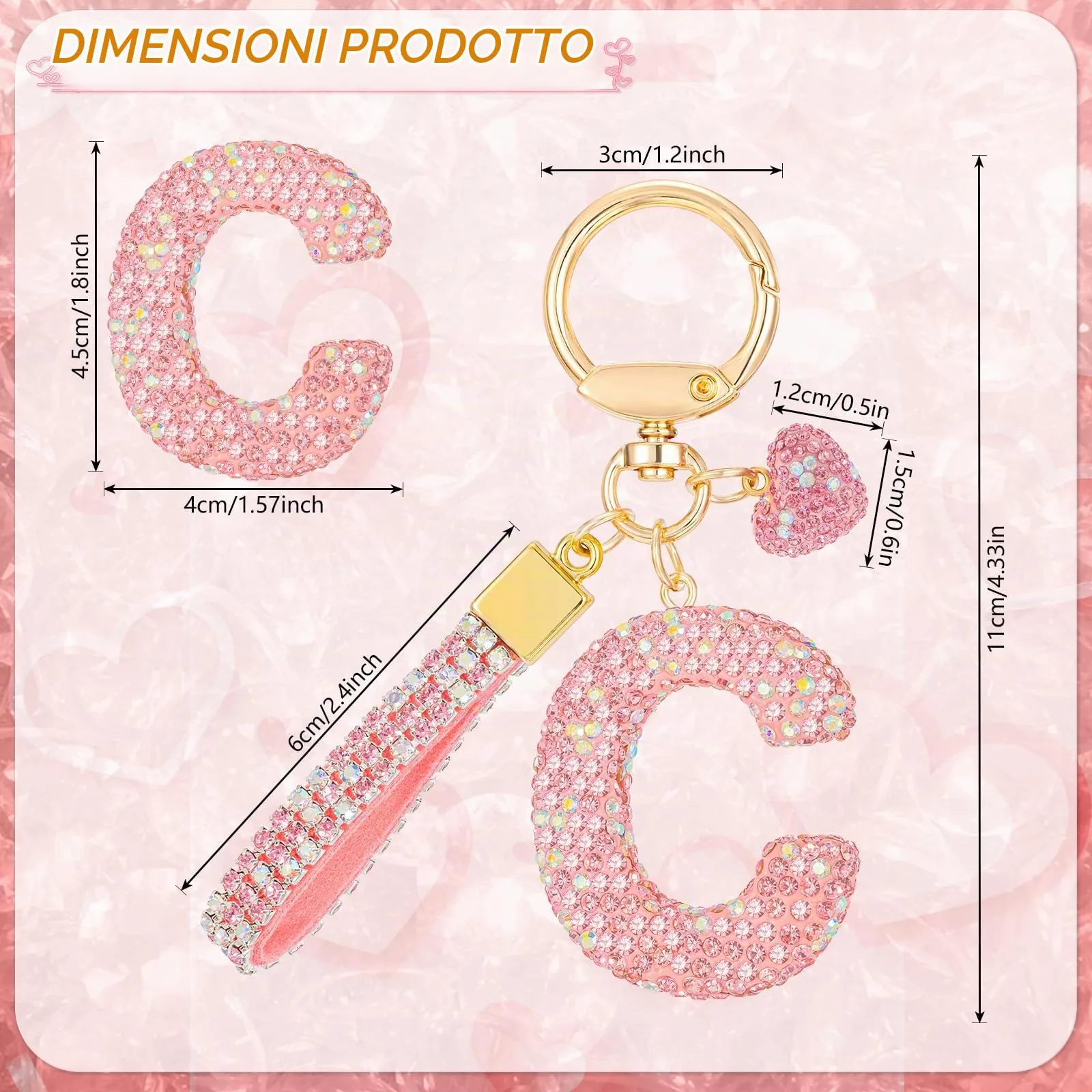 MWOOT Rosa Auto Portachiavi Regalo per Donne Ragazze Iniziale Lettera Portachiavi Carino Bling Ciondolo per Borsa Zaino Borsetta Ciondoli, C - immagine 3