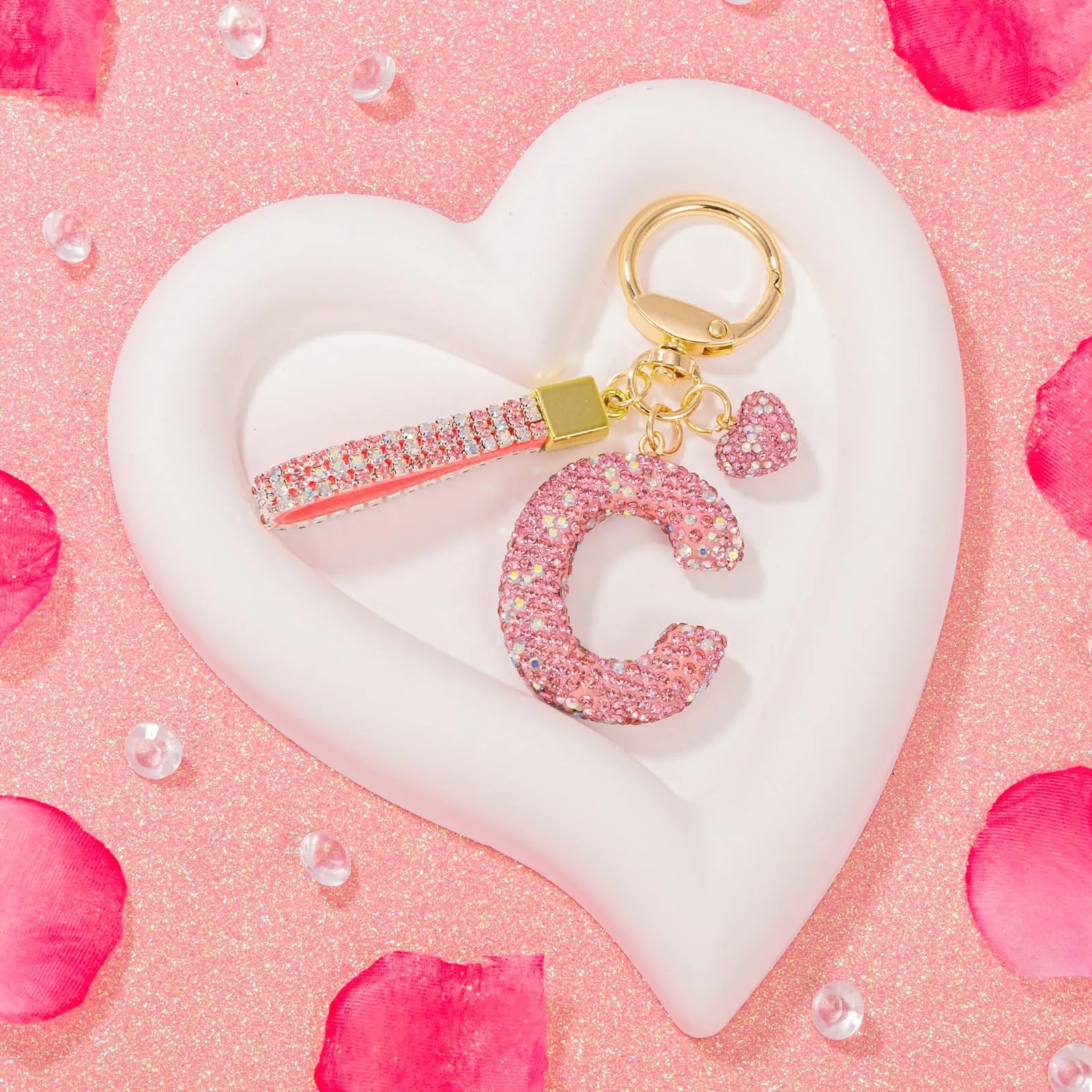 MWOOT Rosa Auto Portachiavi Regalo per Donne Ragazze Iniziale Lettera Portachiavi Carino Bling Ciondolo per Borsa Zaino Borsetta Ciondoli, C - immagine 5