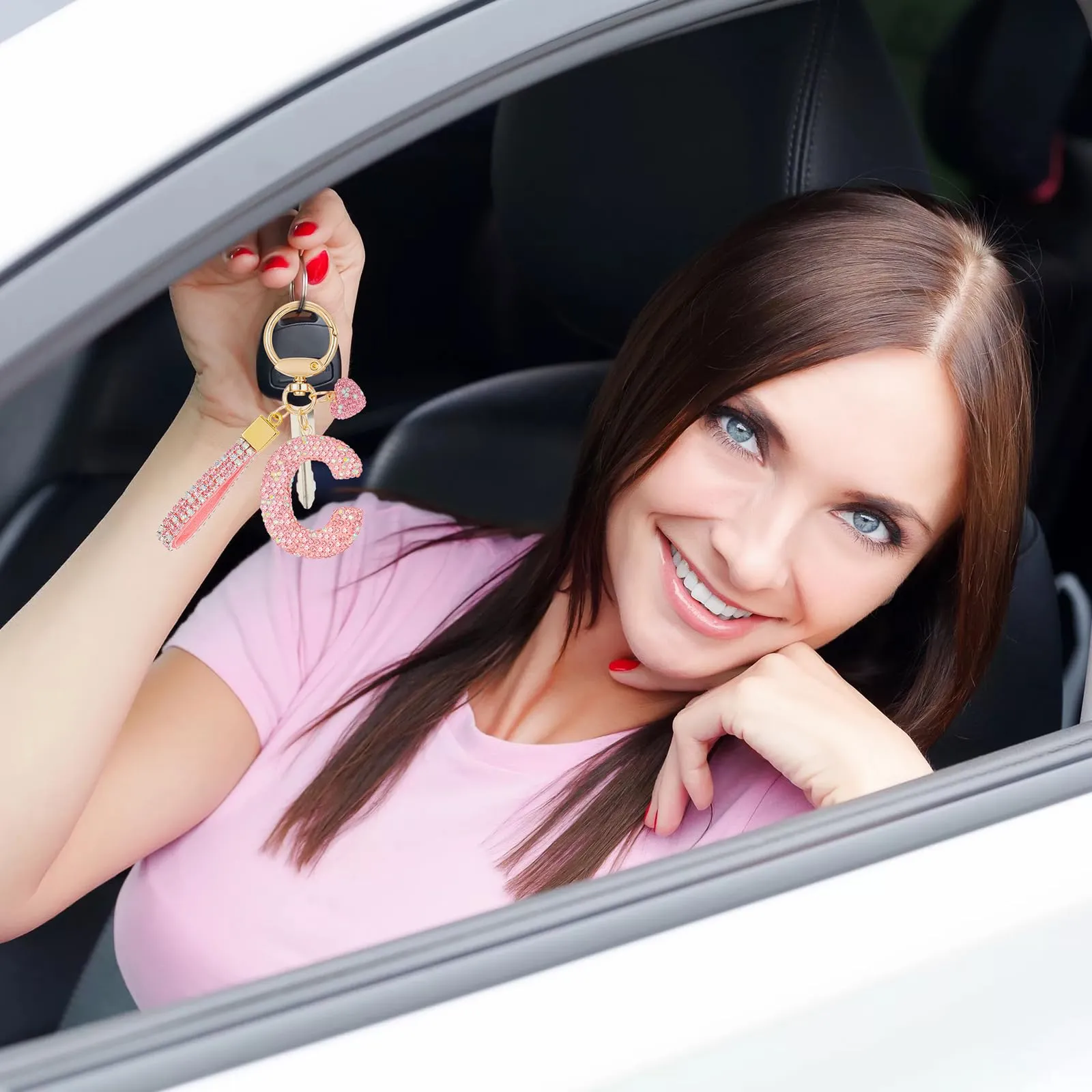 MWOOT Rosa Auto Portachiavi Regalo per Donne Ragazze Iniziale Lettera Portachiavi Carino Bling Ciondolo per Borsa Zaino Borsetta Ciondoli, C - immagine 6