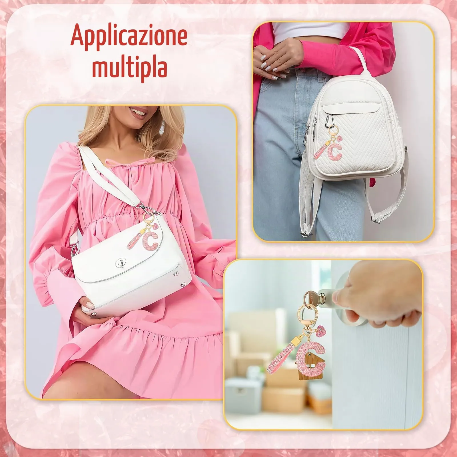 MWOOT Rosa Auto Portachiavi Regalo per Donne Ragazze Iniziale Lettera Portachiavi Carino Bling Ciondolo per Borsa Zaino Borsetta Ciondoli, C - immagine 7