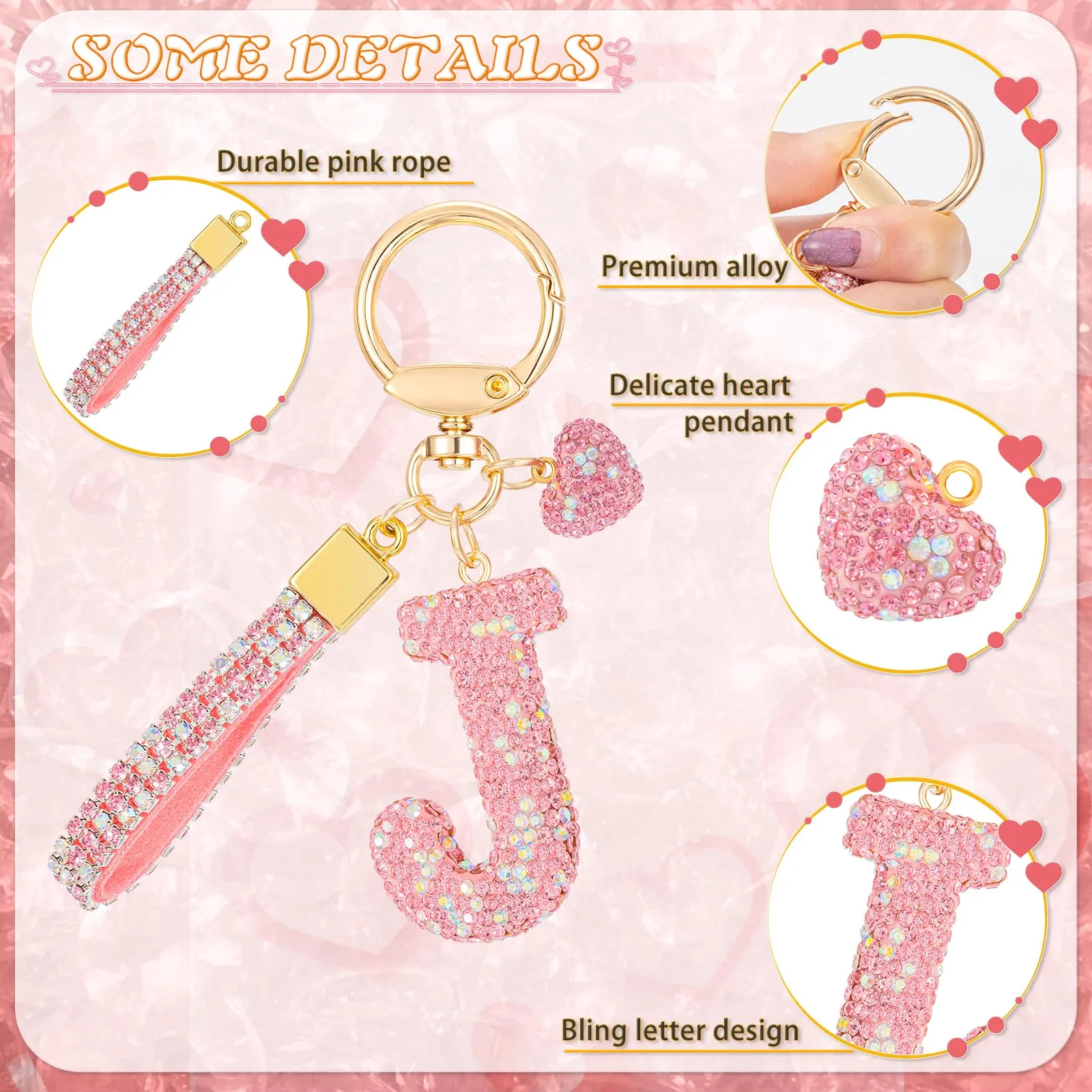 MWOOT Rosa Auto Portachiavi Regalo per Donne Ragazze Iniziale Lettera Portachiavi Carino Bling Ciondolo per Borsa Zaino Borsetta Ciondoli, J - immagine 2