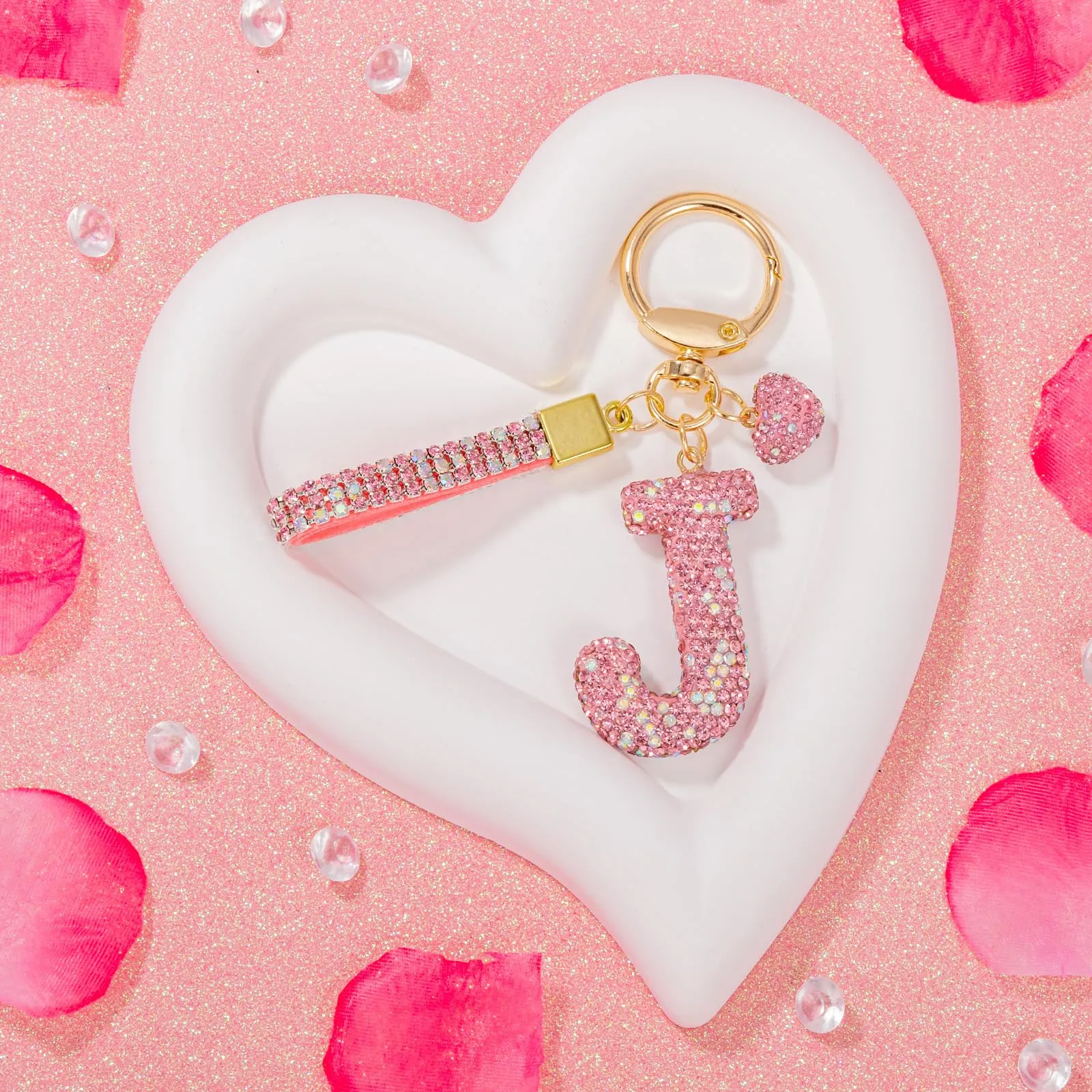 MWOOT Rosa Auto Portachiavi Regalo per Donne Ragazze Iniziale Lettera Portachiavi Carino Bling Ciondolo per Borsa Zaino Borsetta Ciondoli, J - immagine 4