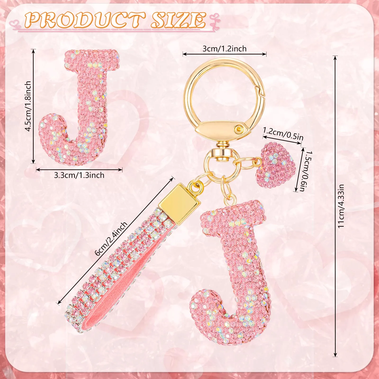 MWOOT Rosa Auto Portachiavi Regalo per Donne Ragazze Iniziale Lettera Portachiavi Carino Bling Ciondolo per Borsa Zaino Borsetta Ciondoli, J - immagine 5