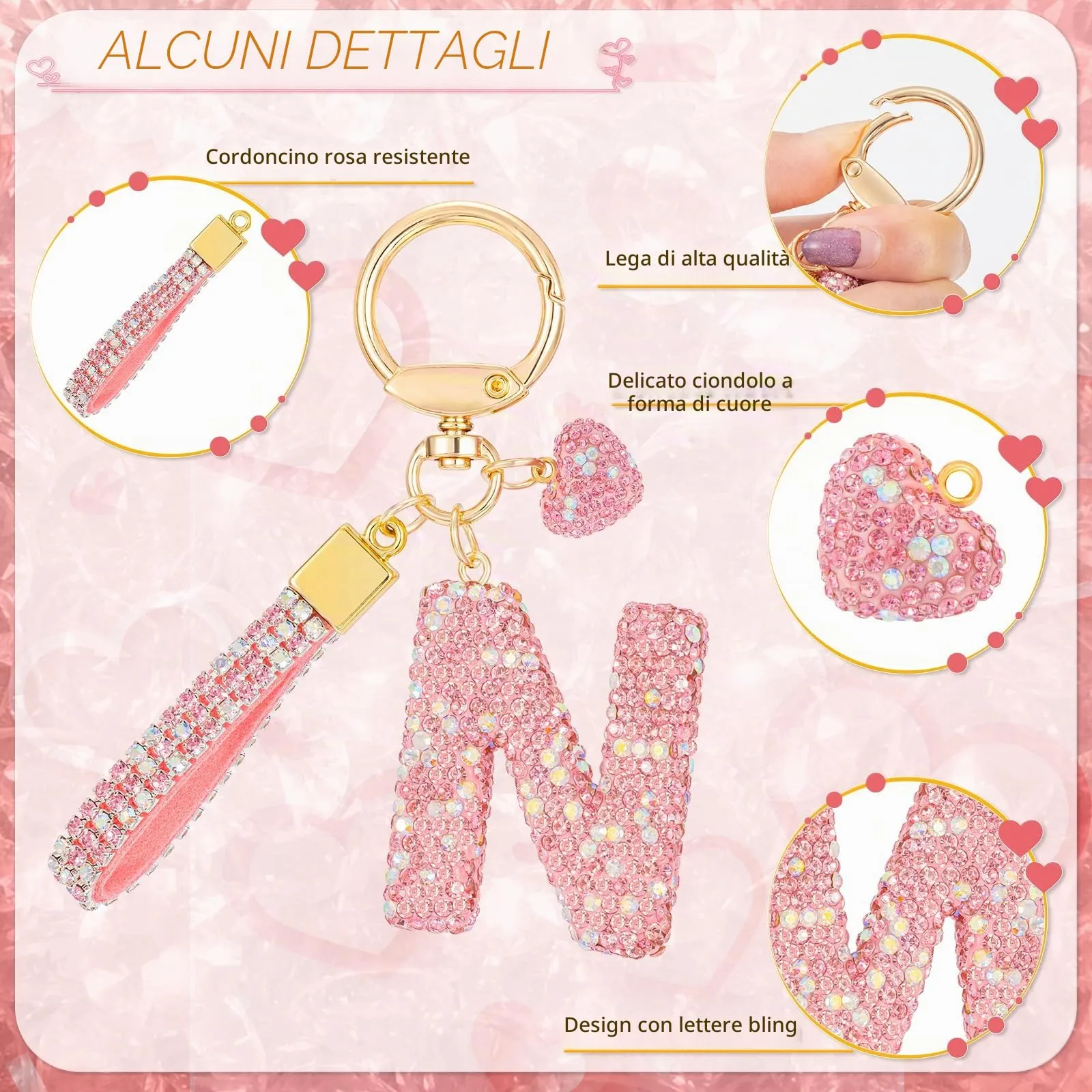 MWOOT Rosa Auto Portachiavi Regalo per Donne Ragazze Iniziale Lettera Portachiavi Carino Bling Ciondolo per Borsa Zaino Borsetta Ciondoli, N - immagine 2