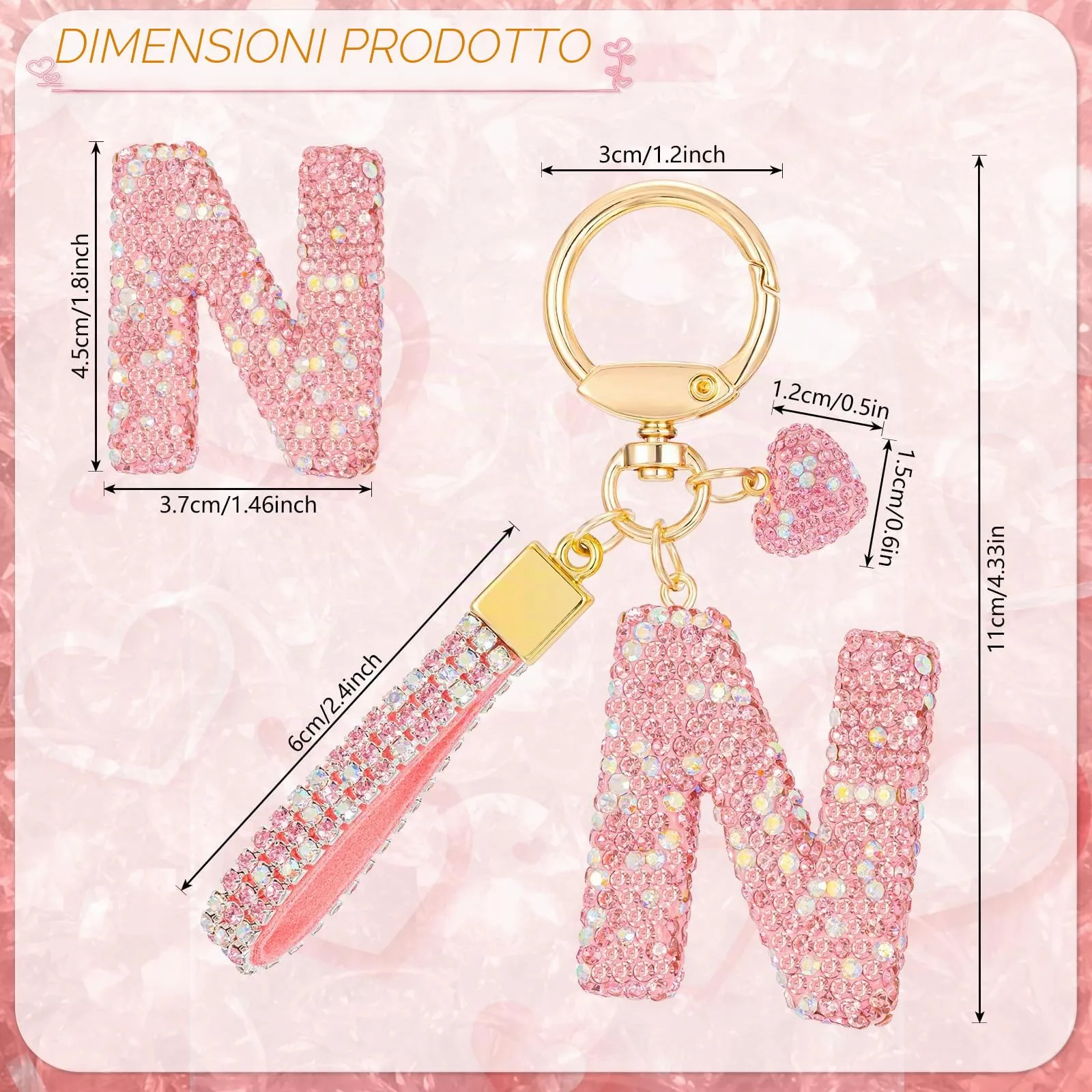 MWOOT Rosa Auto Portachiavi Regalo per Donne Ragazze Iniziale Lettera Portachiavi Carino Bling Ciondolo per Borsa Zaino Borsetta Ciondoli, N - immagine 3