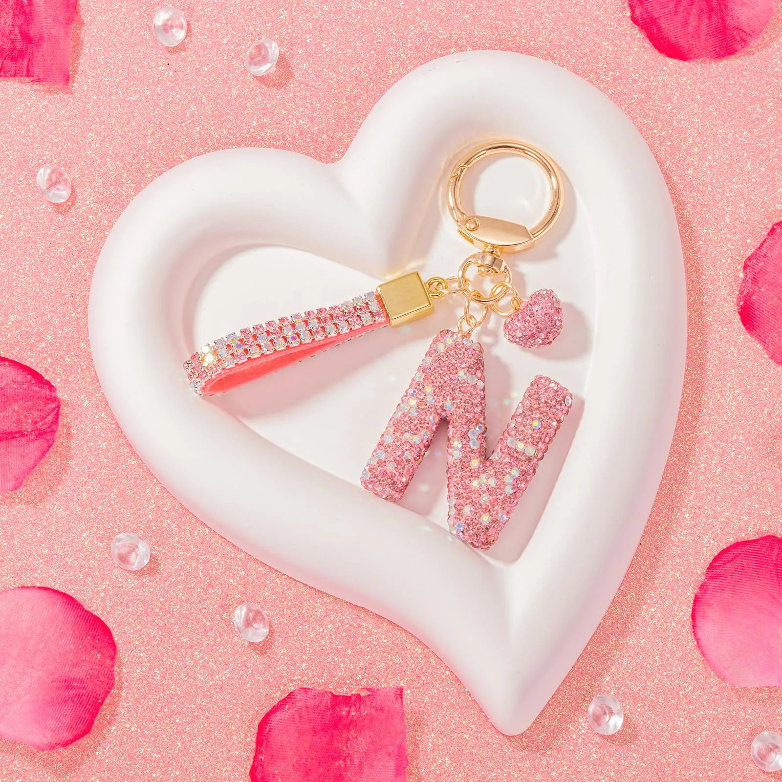 MWOOT Rosa Auto Portachiavi Regalo per Donne Ragazze Iniziale Lettera Portachiavi Carino Bling Ciondolo per Borsa Zaino Borsetta Ciondoli, N - immagine 4