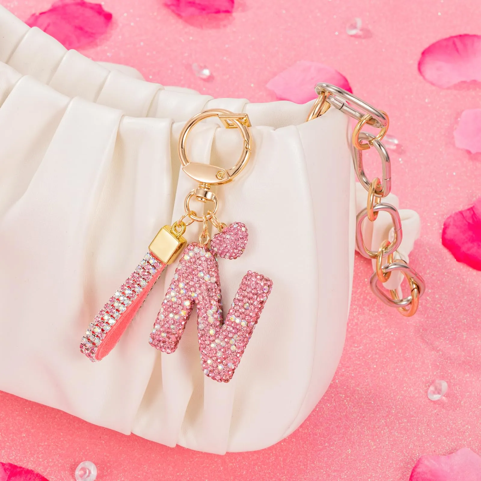 MWOOT Rosa Auto Portachiavi Regalo per Donne Ragazze Iniziale Lettera Portachiavi Carino Bling Ciondolo per Borsa Zaino Borsetta Ciondoli, N - immagine 5