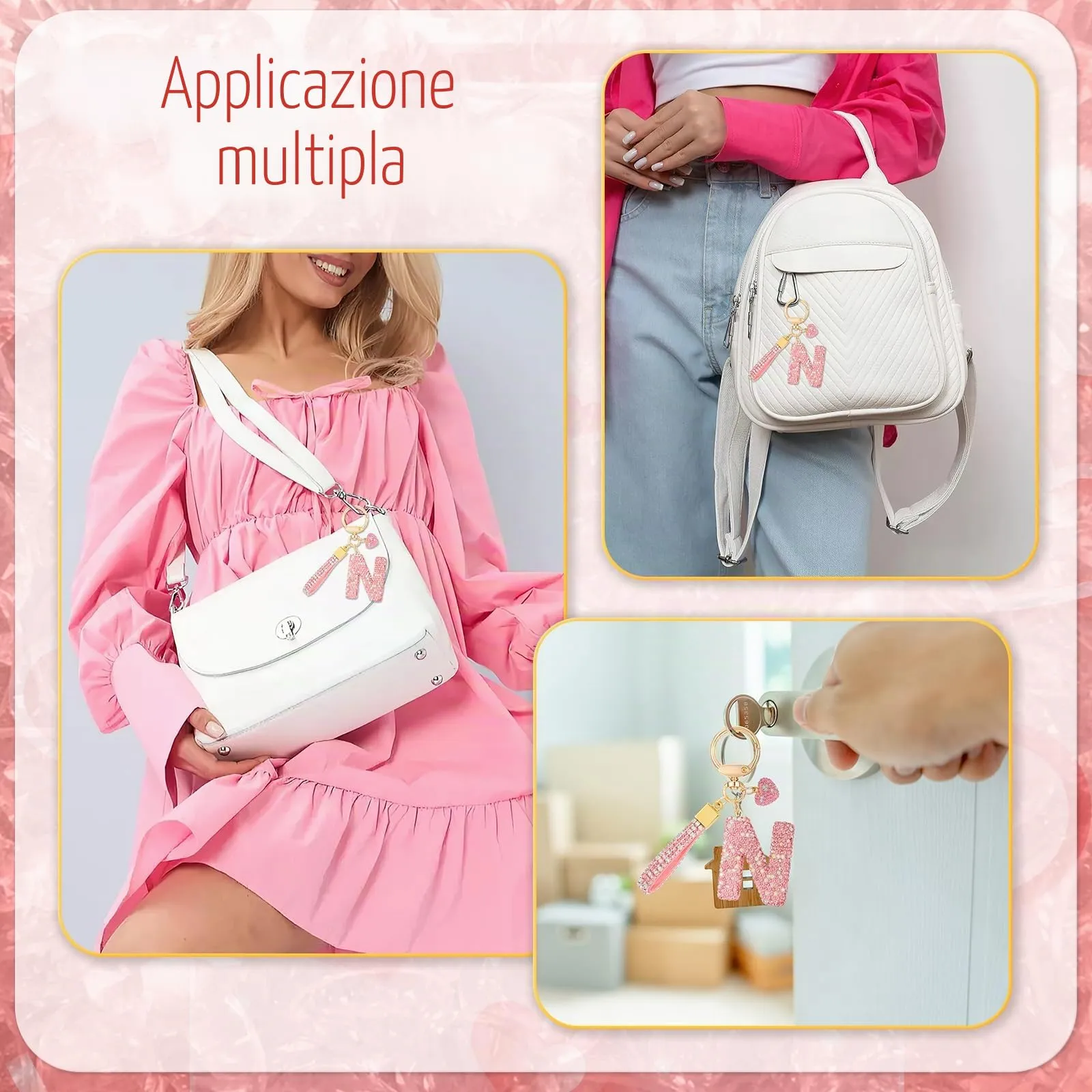 MWOOT Rosa Auto Portachiavi Regalo per Donne Ragazze Iniziale Lettera Portachiavi Carino Bling Ciondolo per Borsa Zaino Borsetta Ciondoli, N - immagine 6