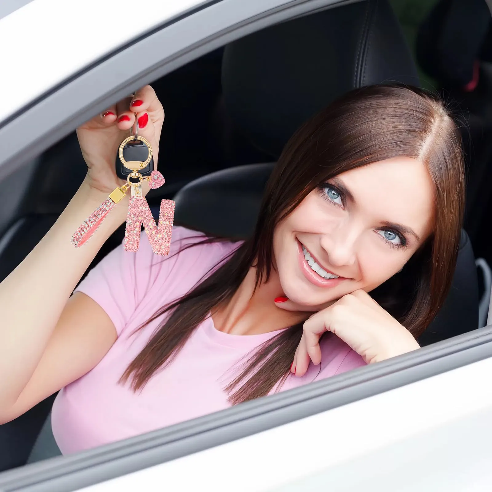 MWOOT Rosa Auto Portachiavi Regalo per Donne Ragazze Iniziale Lettera Portachiavi Carino Bling Ciondolo per Borsa Zaino Borsetta Ciondoli, N - immagine 7