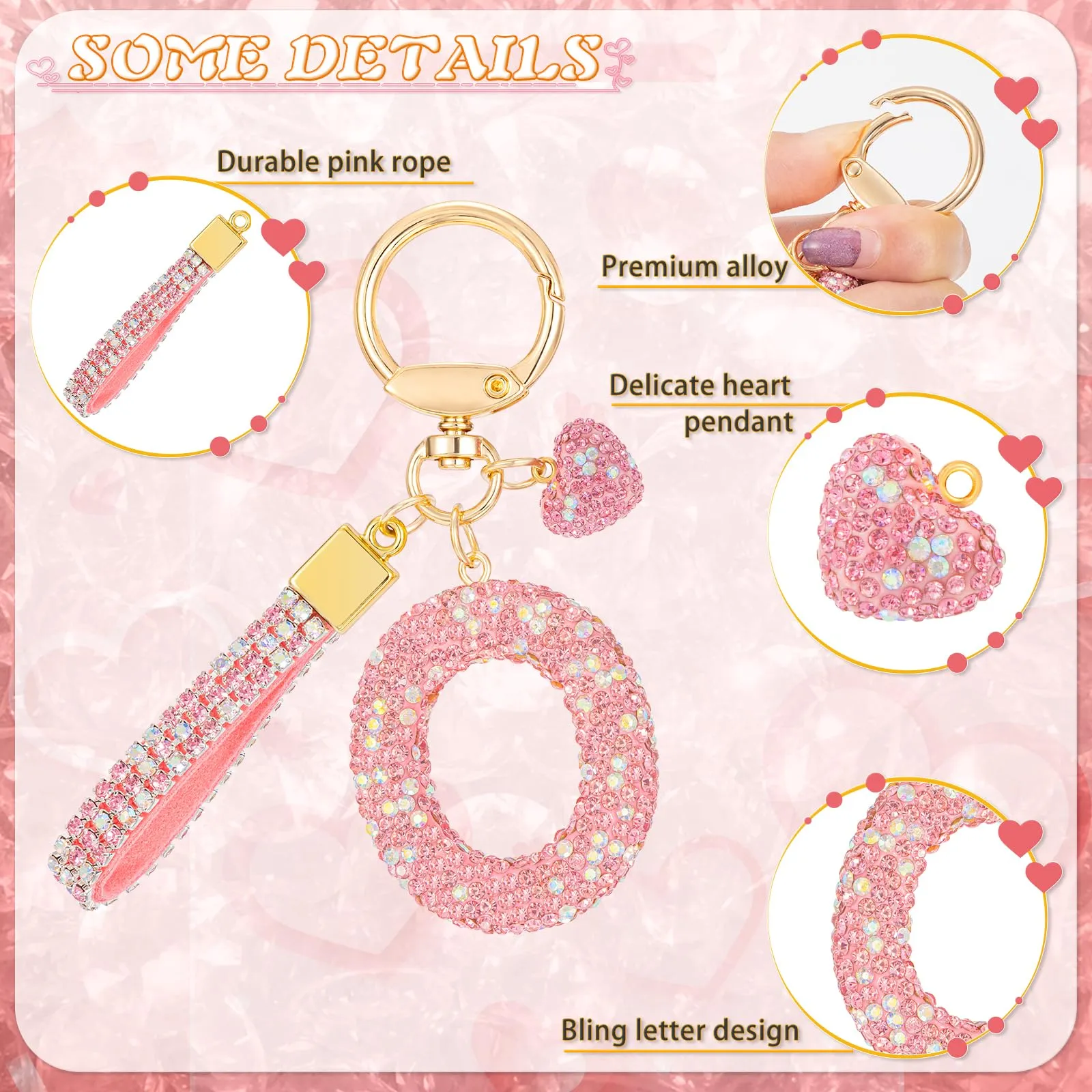 MWOOT Rosa Auto Portachiavi Regalo per Donne Ragazze Iniziale Lettera Portachiavi Carino Bling Ciondolo per Borsa Zaino Borsetta Ciondoli, O - immagine 2