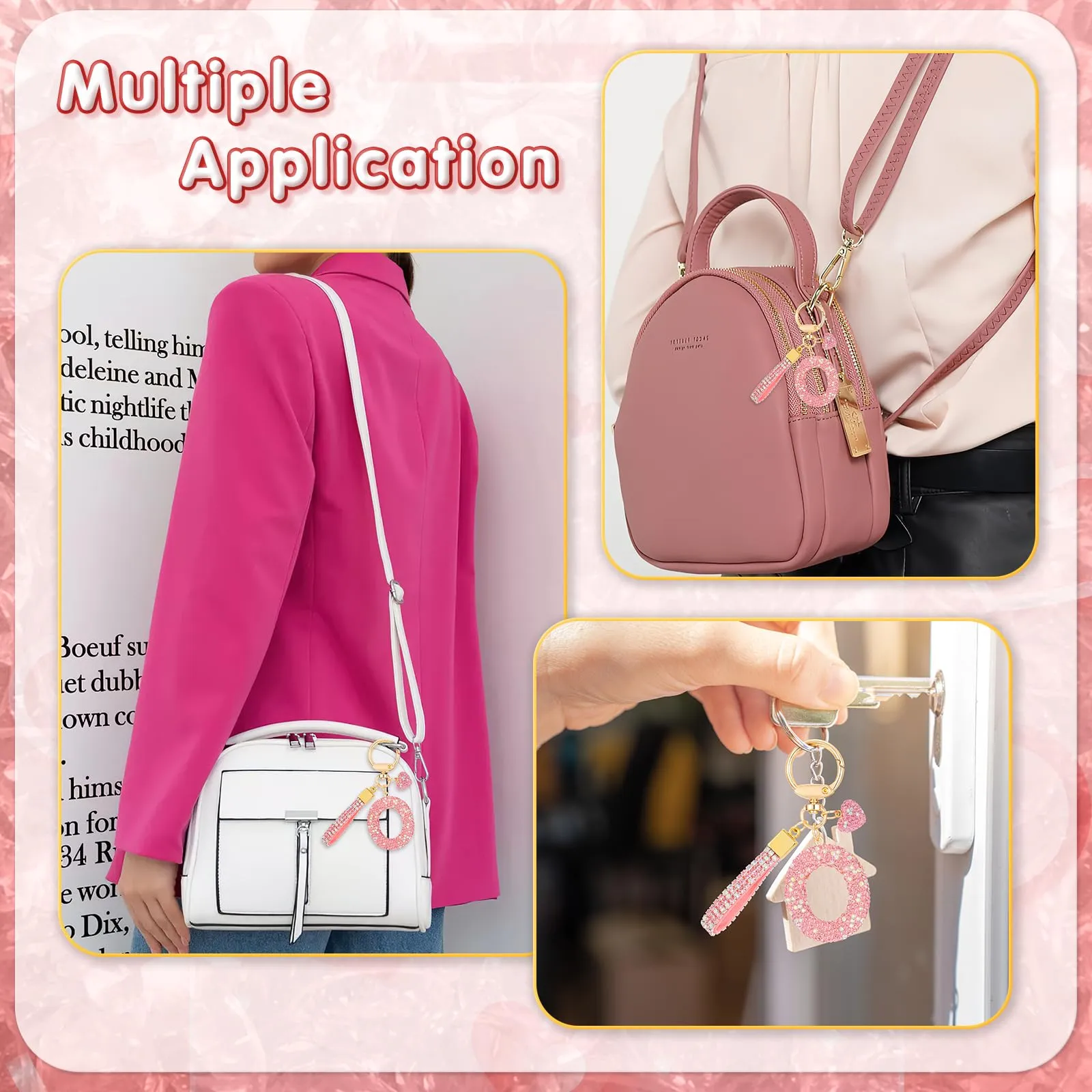 MWOOT Rosa Auto Portachiavi Regalo per Donne Ragazze Iniziale Lettera Portachiavi Carino Bling Ciondolo per Borsa Zaino Borsetta Ciondoli, O - immagine 7