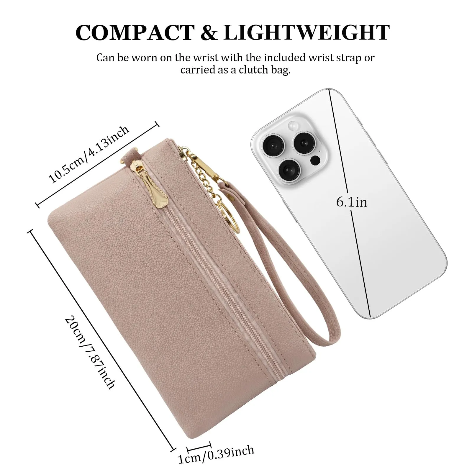 LJCZKA Portafoglio da Polso Pelle Donna Pochette da Polso Zip Grande Capacità Frizione Cellulare Porta Carte con Cinturino da Polso, Portachiavi (Nudo) - immagine 4