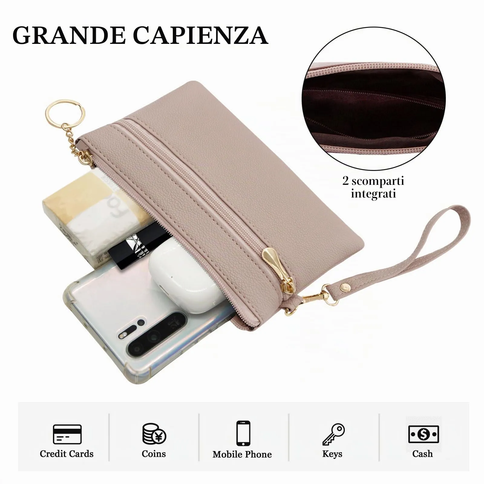 LJCZKA Portafoglio da Polso Pelle Donna Pochette da Polso Zip Grande Capacità Frizione Cellulare Porta Carte con Cinturino da Polso, Portachiavi (Nudo) - immagine 5