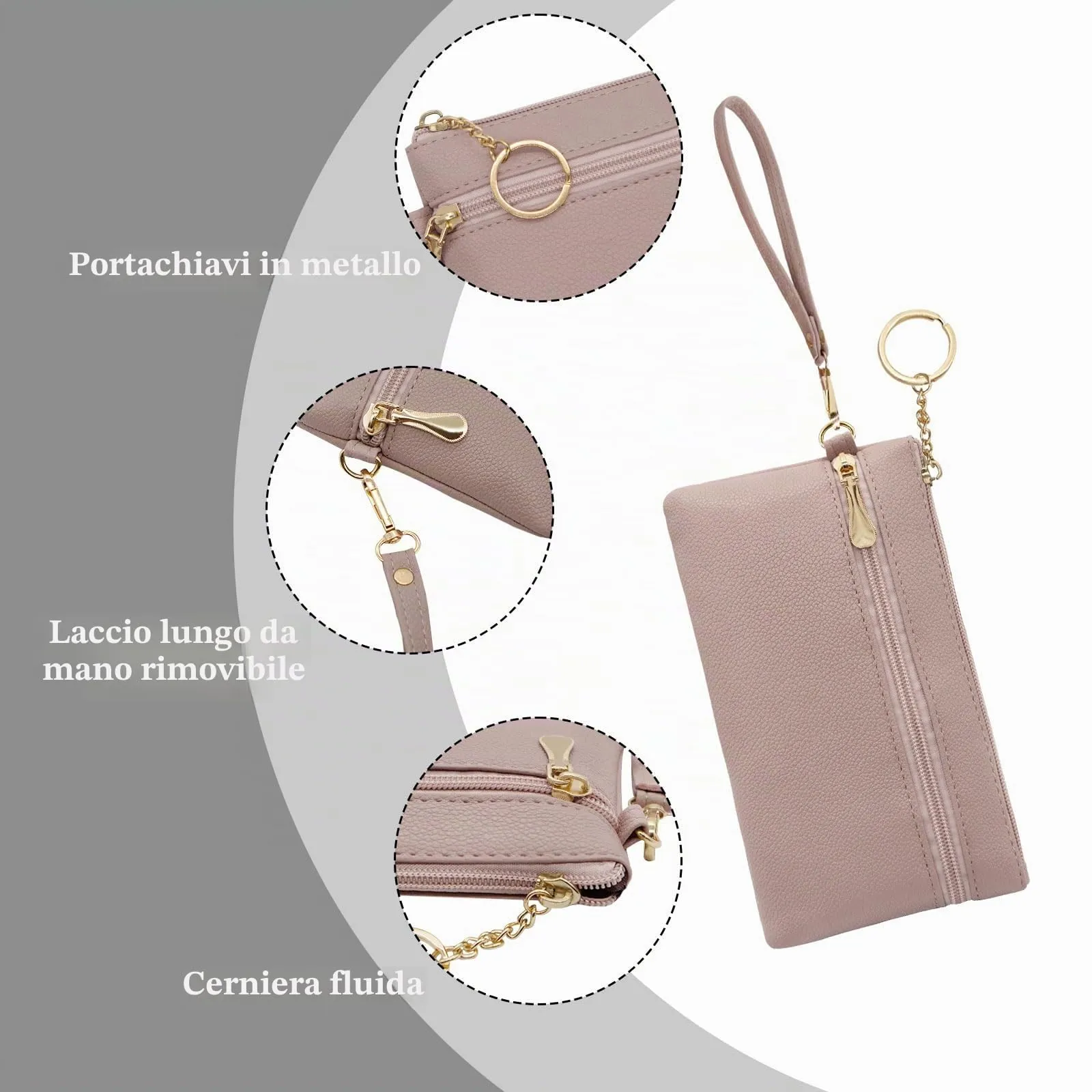 LJCZKA Portafoglio da Polso Pelle Donna Pochette da Polso Zip Grande Capacità Frizione Cellulare Porta Carte con Cinturino da Polso, Portachiavi (Nudo) - immagine 6