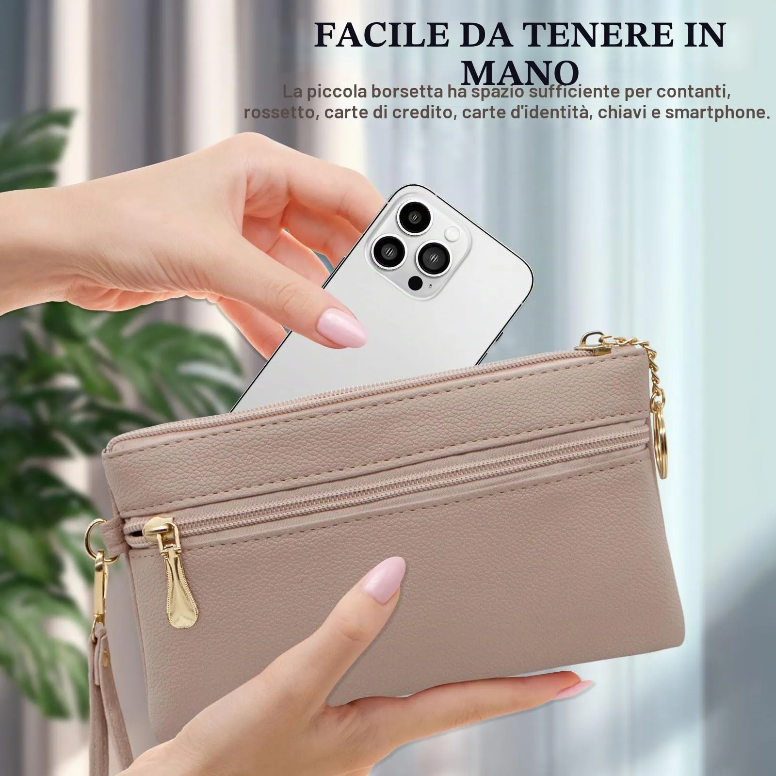 LJCZKA Portafoglio da Polso Pelle Donna Pochette da Polso Zip Grande Capacità Frizione Cellulare Porta Carte con Cinturino da Polso, Portachiavi (Nudo) - immagine 7