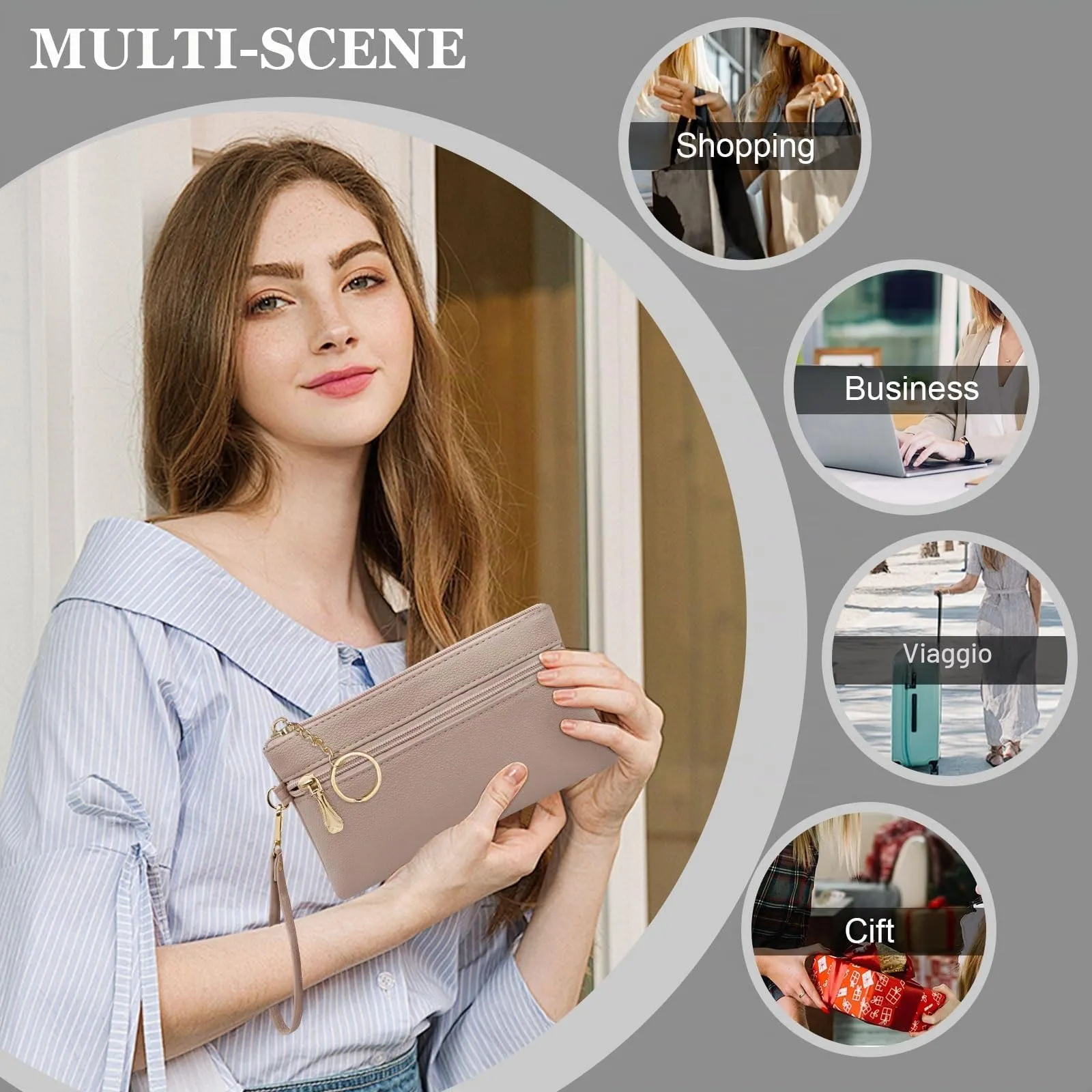 LJCZKA Portafoglio da Polso Pelle Donna Pochette da Polso Zip Grande Capacità Frizione Cellulare Porta Carte con Cinturino da Polso, Portachiavi (Nudo) - immagine 8
