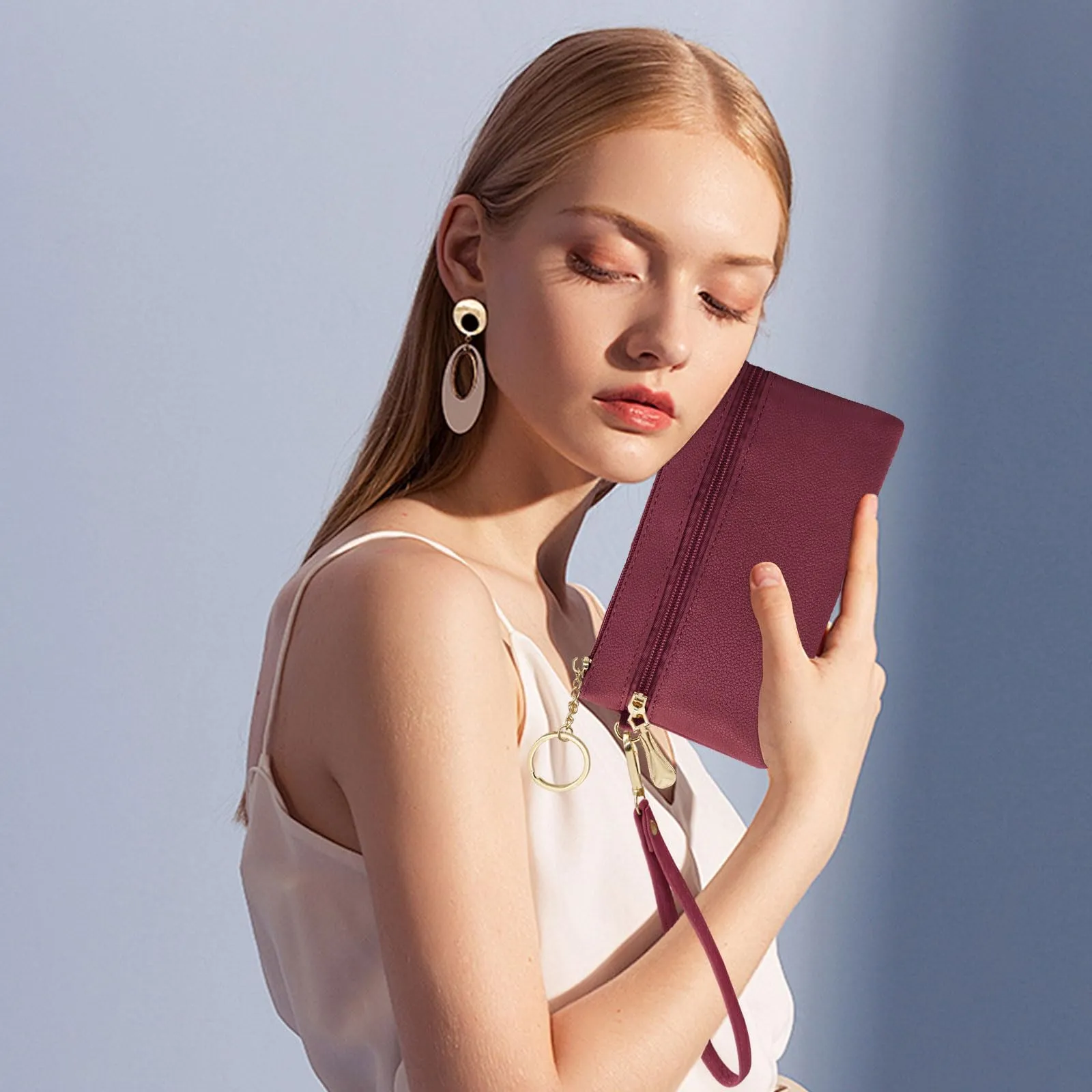 LJCZKA Portafoglio da Polso Pelle Donna Pochette da Polso Zip Grande Capacità Frizione Cellulare Porta Carte con Cinturino da Polso, Portachiavi (Rosso) - immagine 3