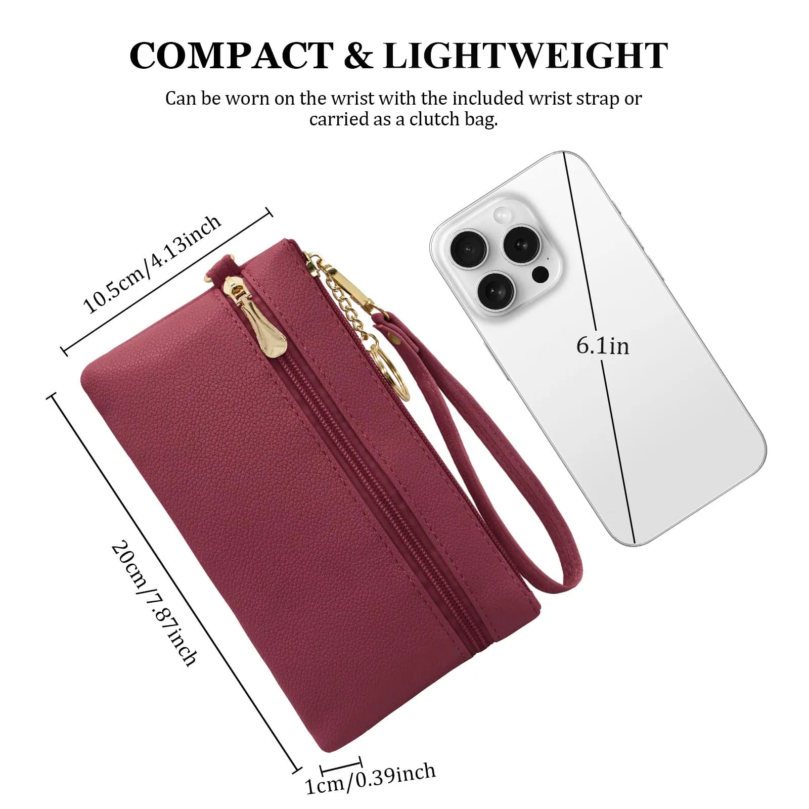 LJCZKA Portafoglio da Polso Pelle Donna Pochette da Polso Zip Grande Capacità Frizione Cellulare Porta Carte con Cinturino da Polso, Portachiavi (Rosso) - immagine 4