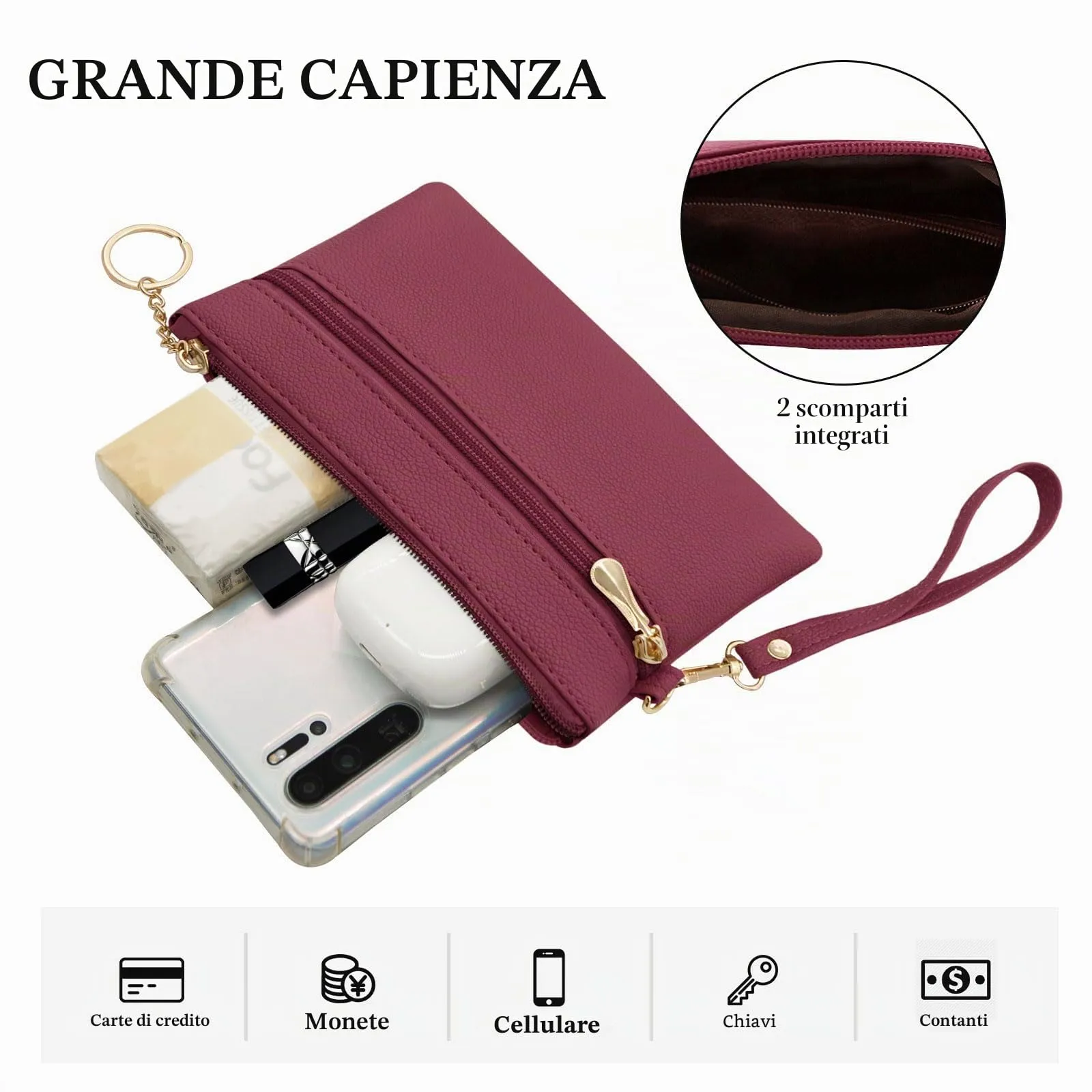 LJCZKA Portafoglio da Polso Pelle Donna Pochette da Polso Zip Grande Capacità Frizione Cellulare Porta Carte con Cinturino da Polso, Portachiavi (Rosso) - immagine 5