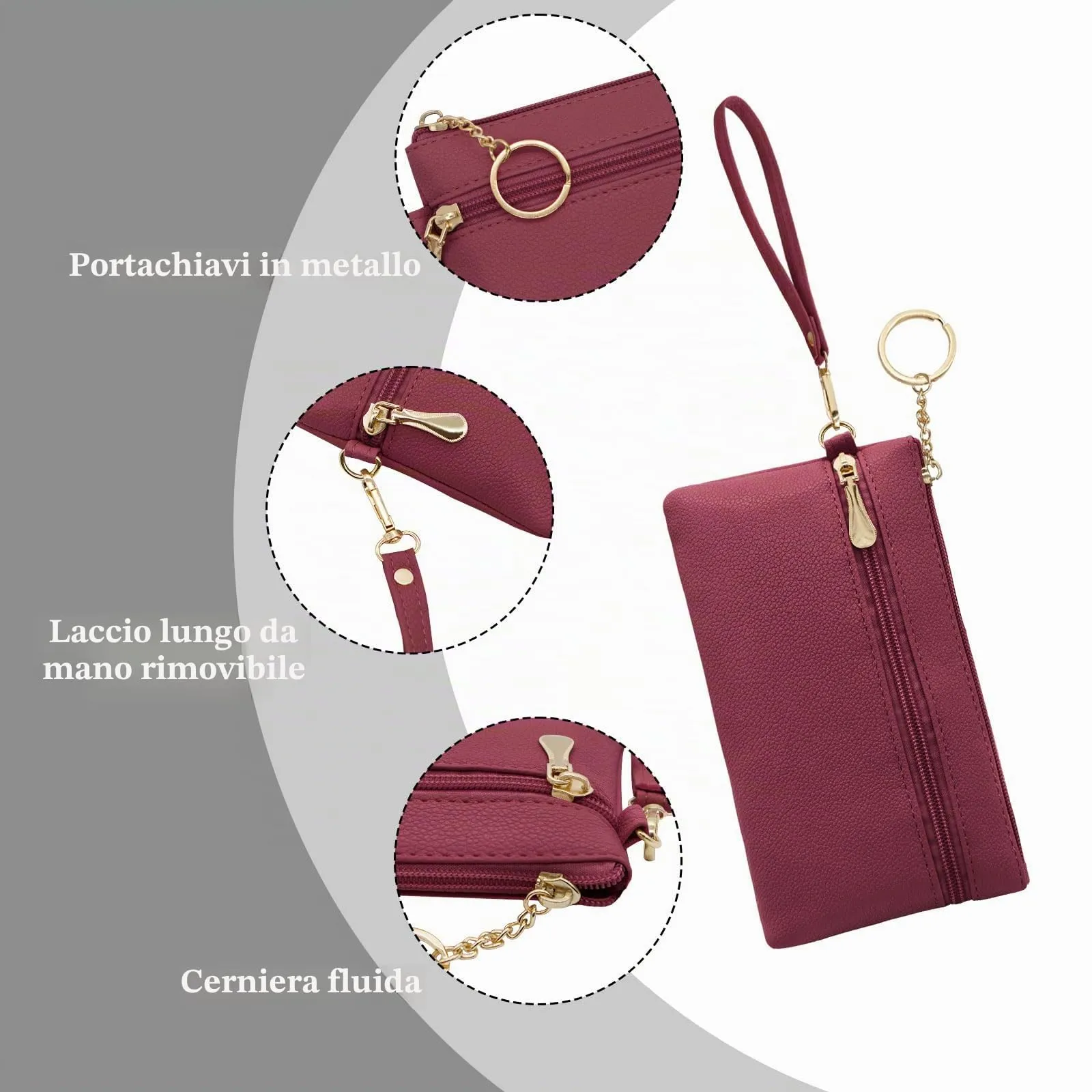 LJCZKA Portafoglio da Polso Pelle Donna Pochette da Polso Zip Grande Capacità Frizione Cellulare Porta Carte con Cinturino da Polso, Portachiavi (Rosso) - immagine 6