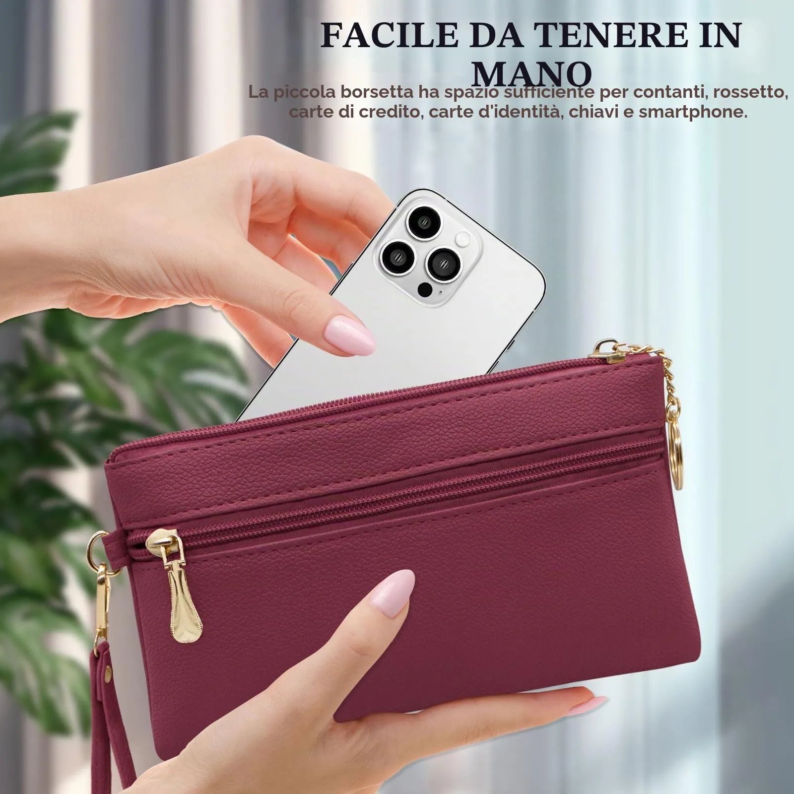 LJCZKA Portafoglio da Polso Pelle Donna Pochette da Polso Zip Grande Capacità Frizione Cellulare Porta Carte con Cinturino da Polso, Portachiavi (Rosso) - immagine 7