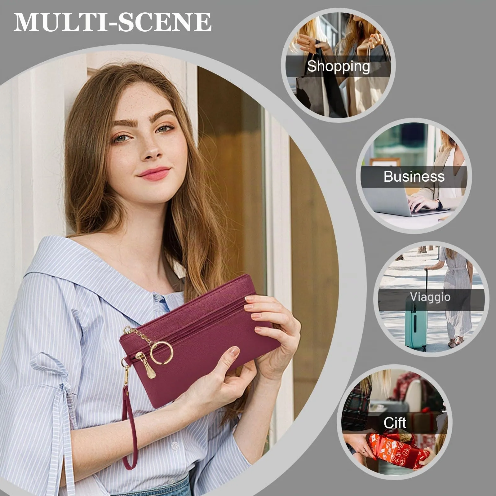 LJCZKA Portafoglio da Polso Pelle Donna Pochette da Polso Zip Grande Capacità Frizione Cellulare Porta Carte con Cinturino da Polso, Portachiavi (Rosso) - immagine 8