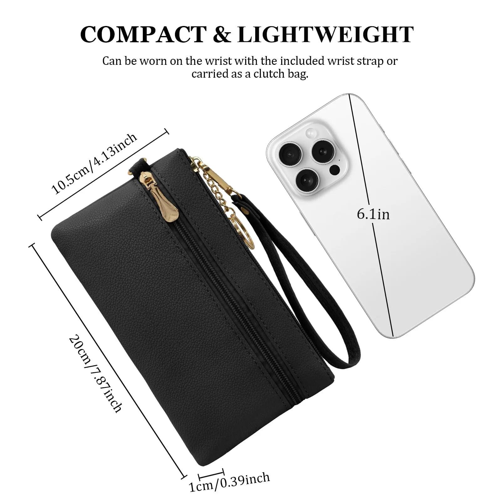 LJCZKA Portafoglio da Polso Pelle Donna Pochette da Polso Zip Grande Capacità Frizione Cellulare Porta Carte con Cinturino da Polso, Portachiavi (Nero) - immagine 4