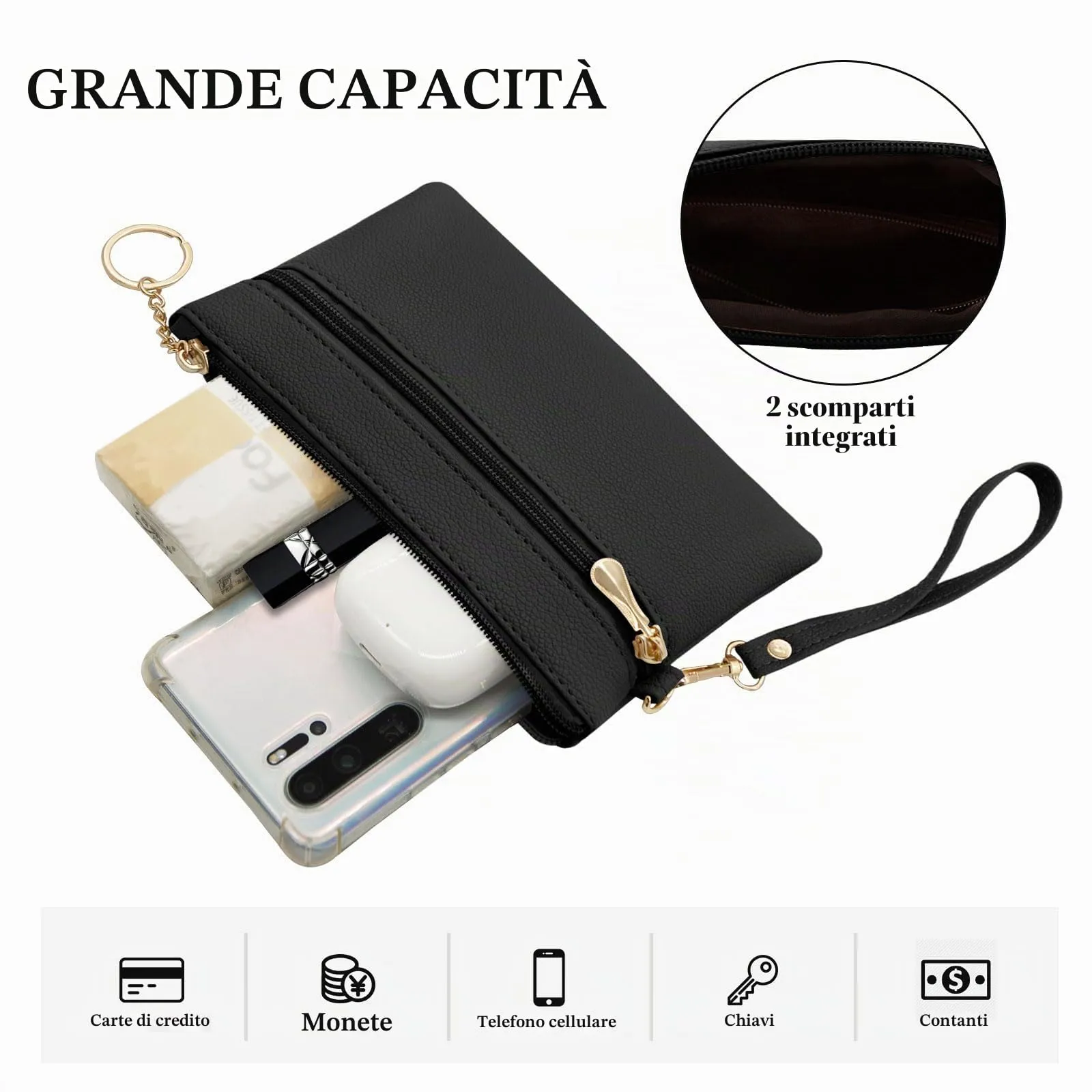 LJCZKA Portafoglio da Polso Pelle Donna Pochette da Polso Zip Grande Capacità Frizione Cellulare Porta Carte con Cinturino da Polso, Portachiavi (Nero) - immagine 5