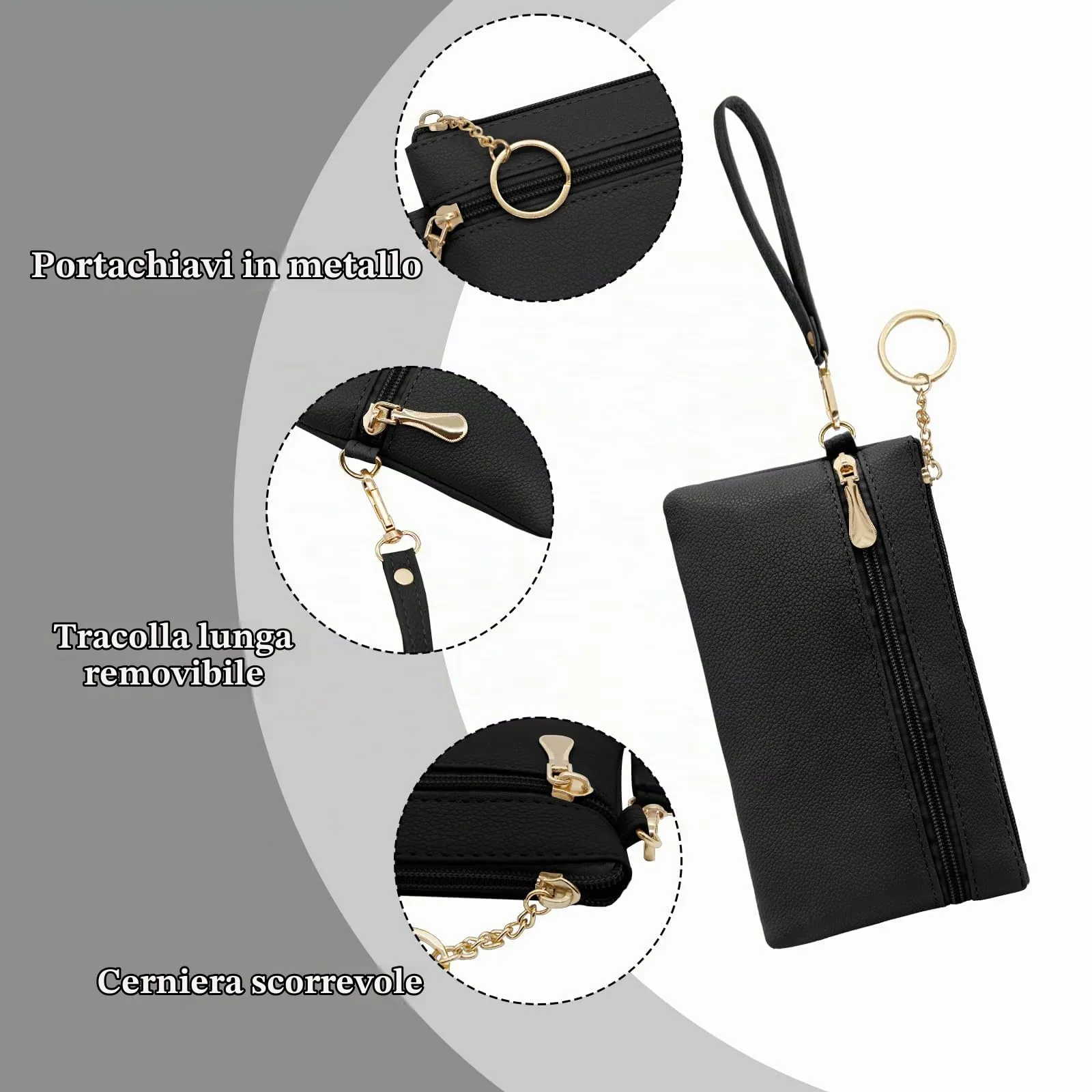 LJCZKA Portafoglio da Polso Pelle Donna Pochette da Polso Zip Grande Capacità Frizione Cellulare Porta Carte con Cinturino da Polso, Portachiavi (Nero) - immagine 6