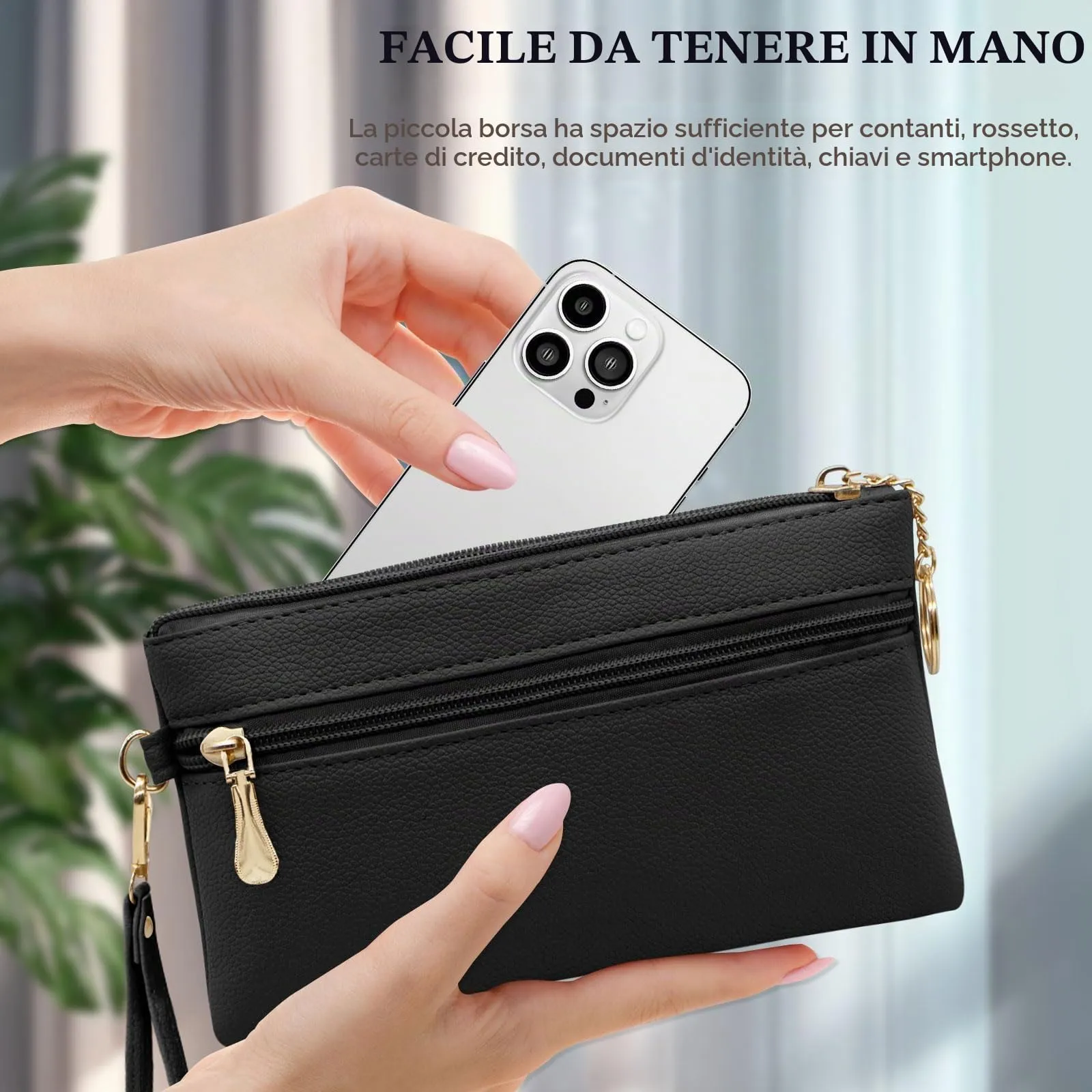 LJCZKA Portafoglio da Polso Pelle Donna Pochette da Polso Zip Grande Capacità Frizione Cellulare Porta Carte con Cinturino da Polso, Portachiavi (Nero) - immagine 7