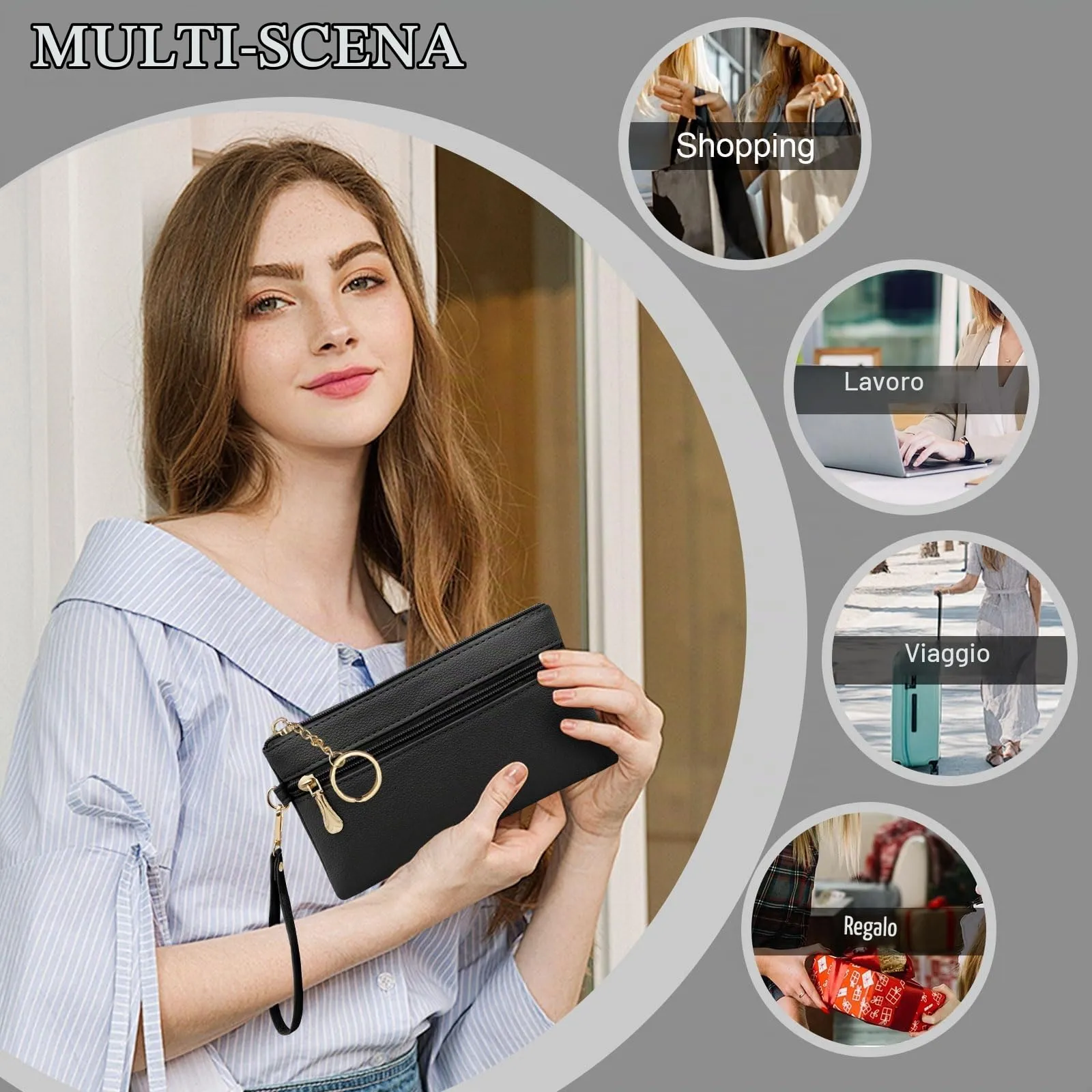 LJCZKA Portafoglio da Polso Pelle Donna Pochette da Polso Zip Grande Capacità Frizione Cellulare Porta Carte con Cinturino da Polso, Portachiavi (Nero) - immagine 8