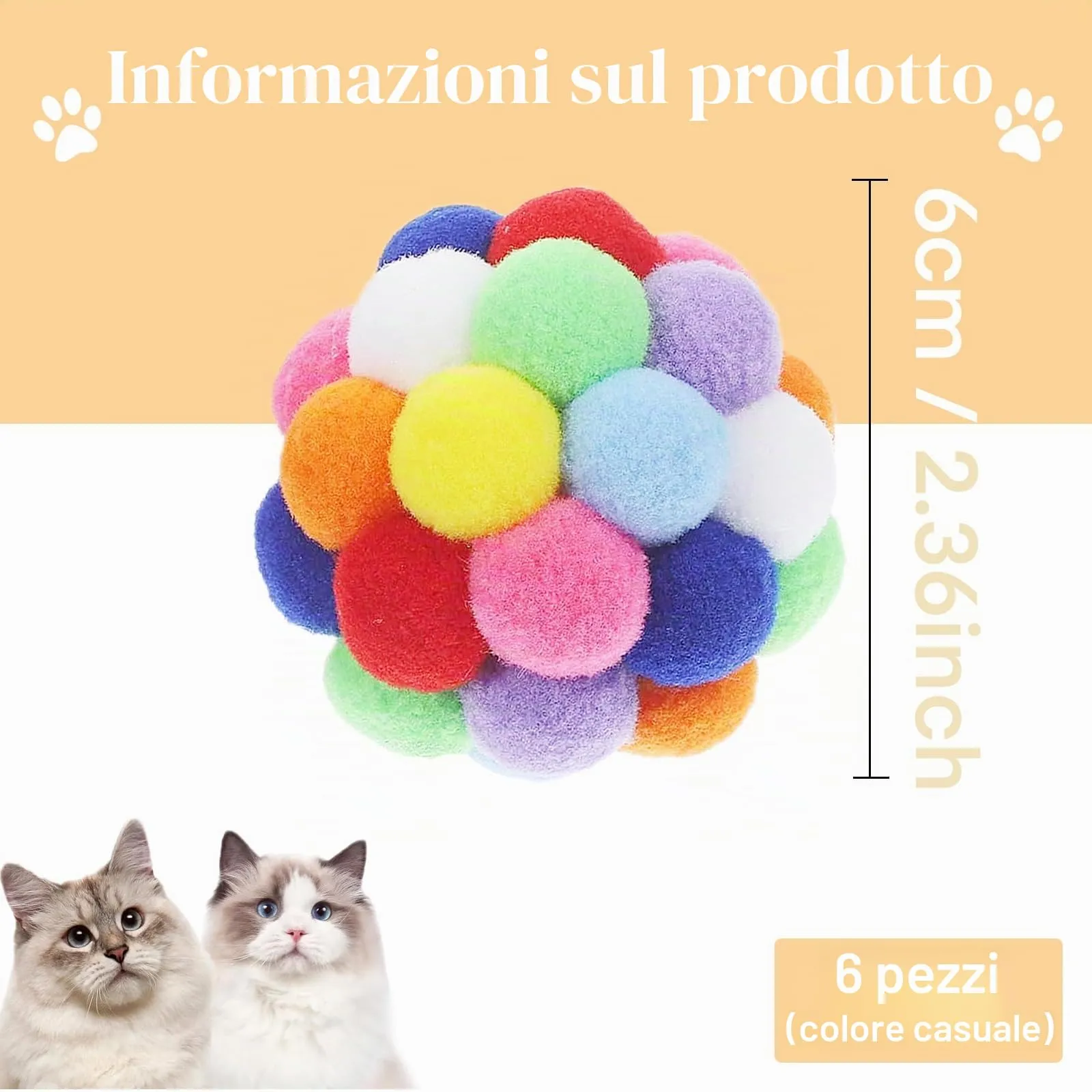 Vebetter Palline di feltro per gatti – 6 palline giocattolo per gatti in feltro, palline morbide, gattini pom poms, giocattolo per interni, palla pompon 6 cm - immagine 2