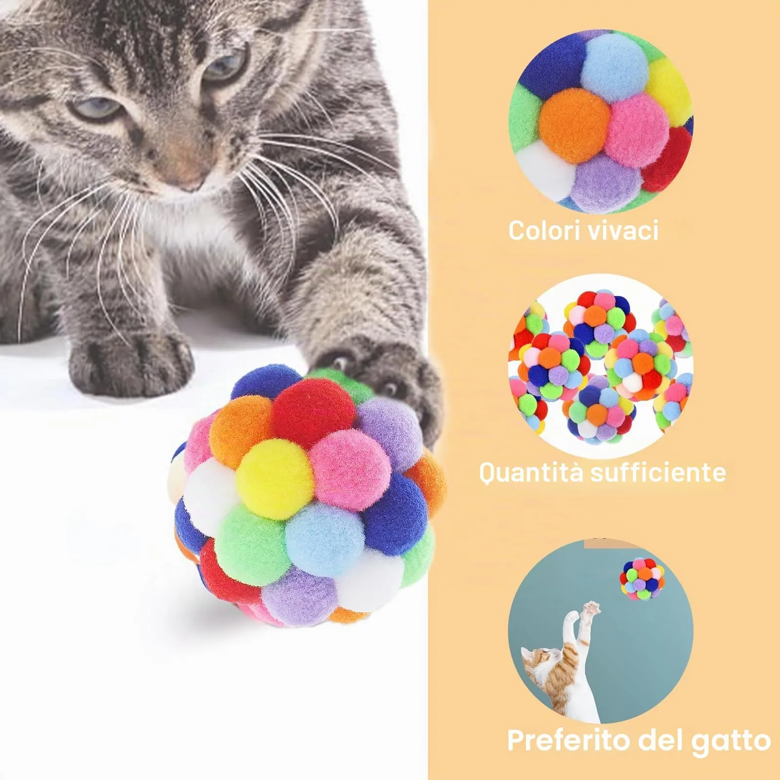 Vebetter Palline di feltro per gatti – 6 palline giocattolo per gatti in feltro, palline morbide, gattini pom poms, giocattolo per interni, palla pompon 6 cm - immagine 3