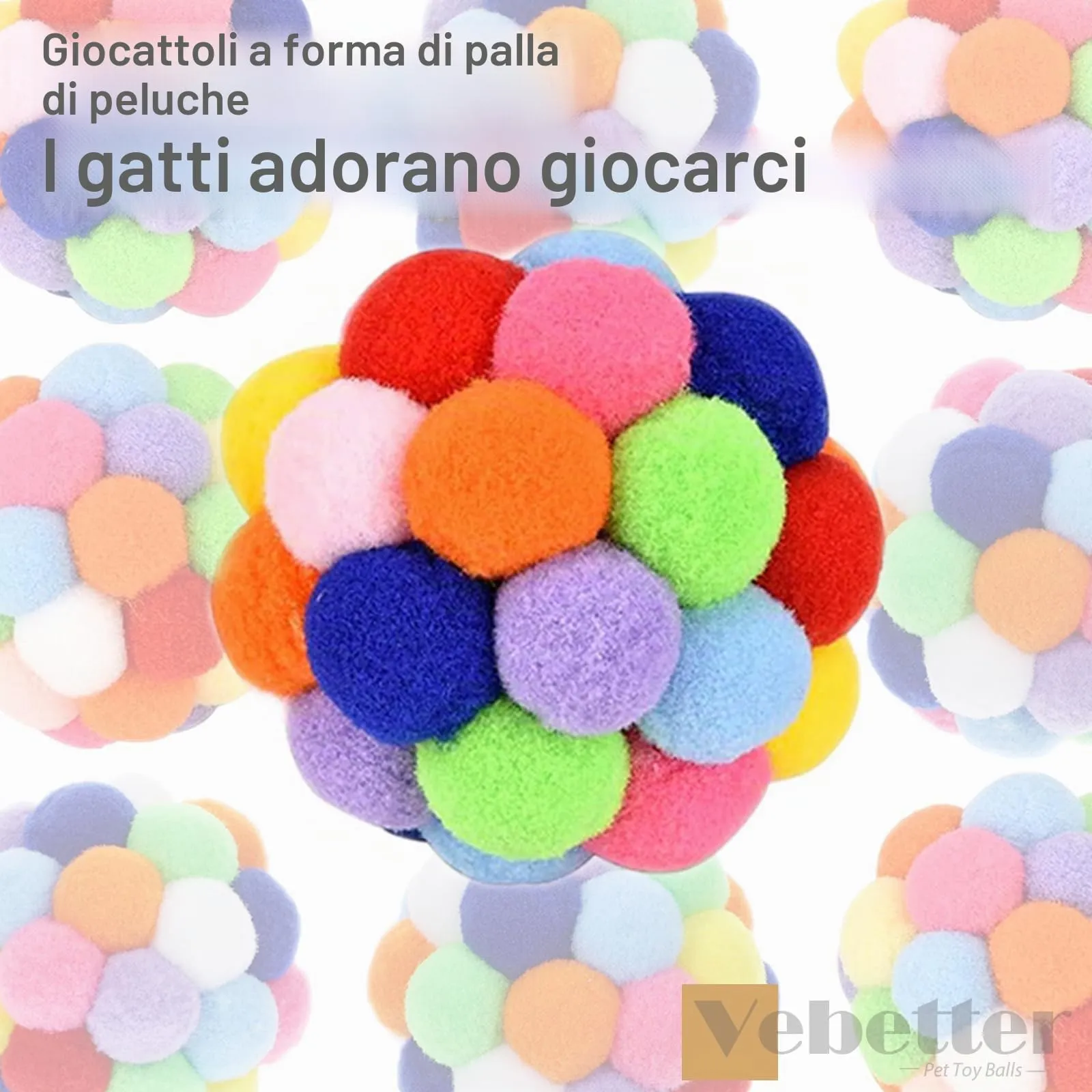 Vebetter Palline di feltro per gatti – 6 palline giocattolo per gatti in feltro, palline morbide, gattini pom poms, giocattolo per interni, palla pompon 6 cm - immagine 4