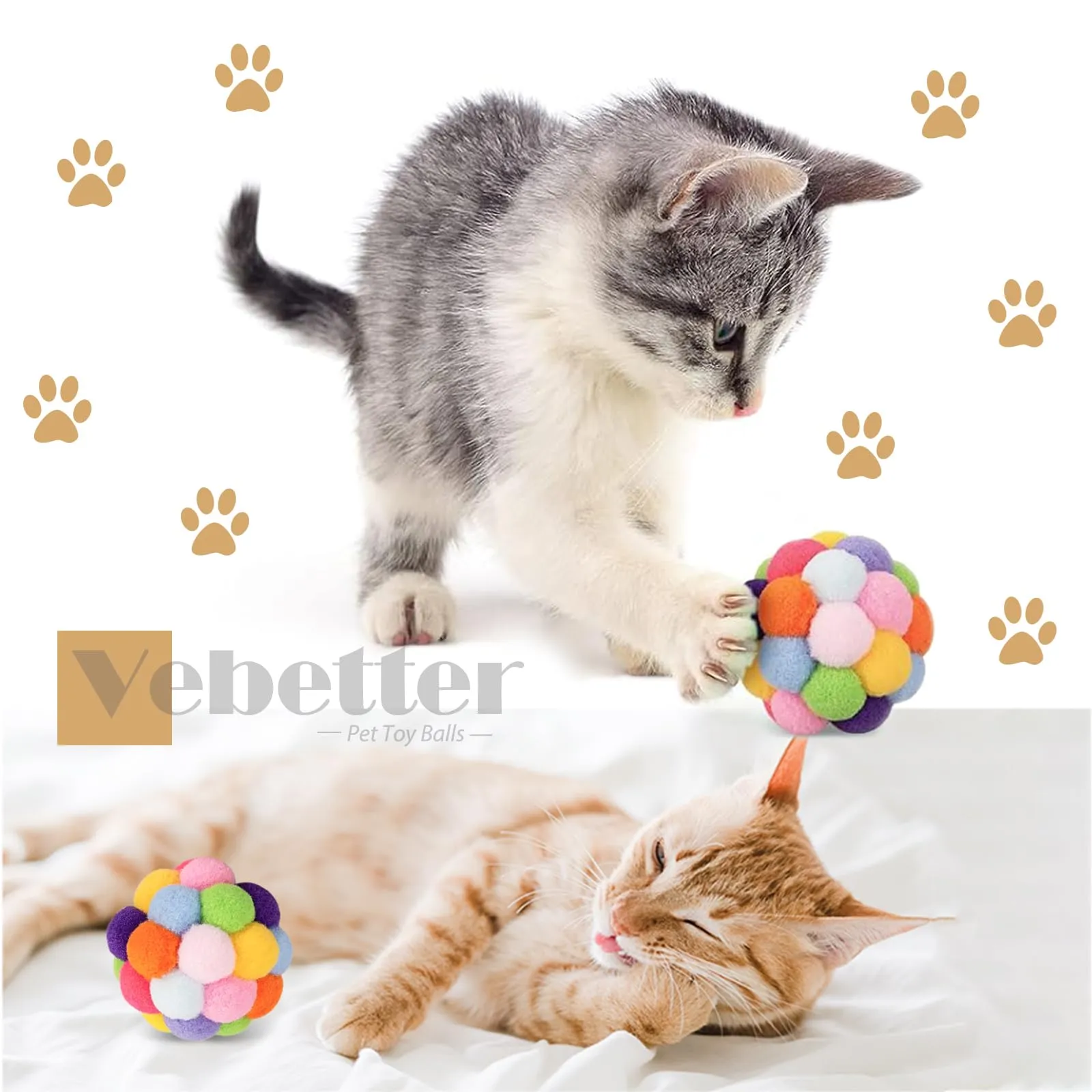Vebetter Palline di feltro per gatti – 6 palline giocattolo per gatti in feltro, palline morbide, gattini pom poms, giocattolo per interni, palla pompon 6 cm - immagine 5