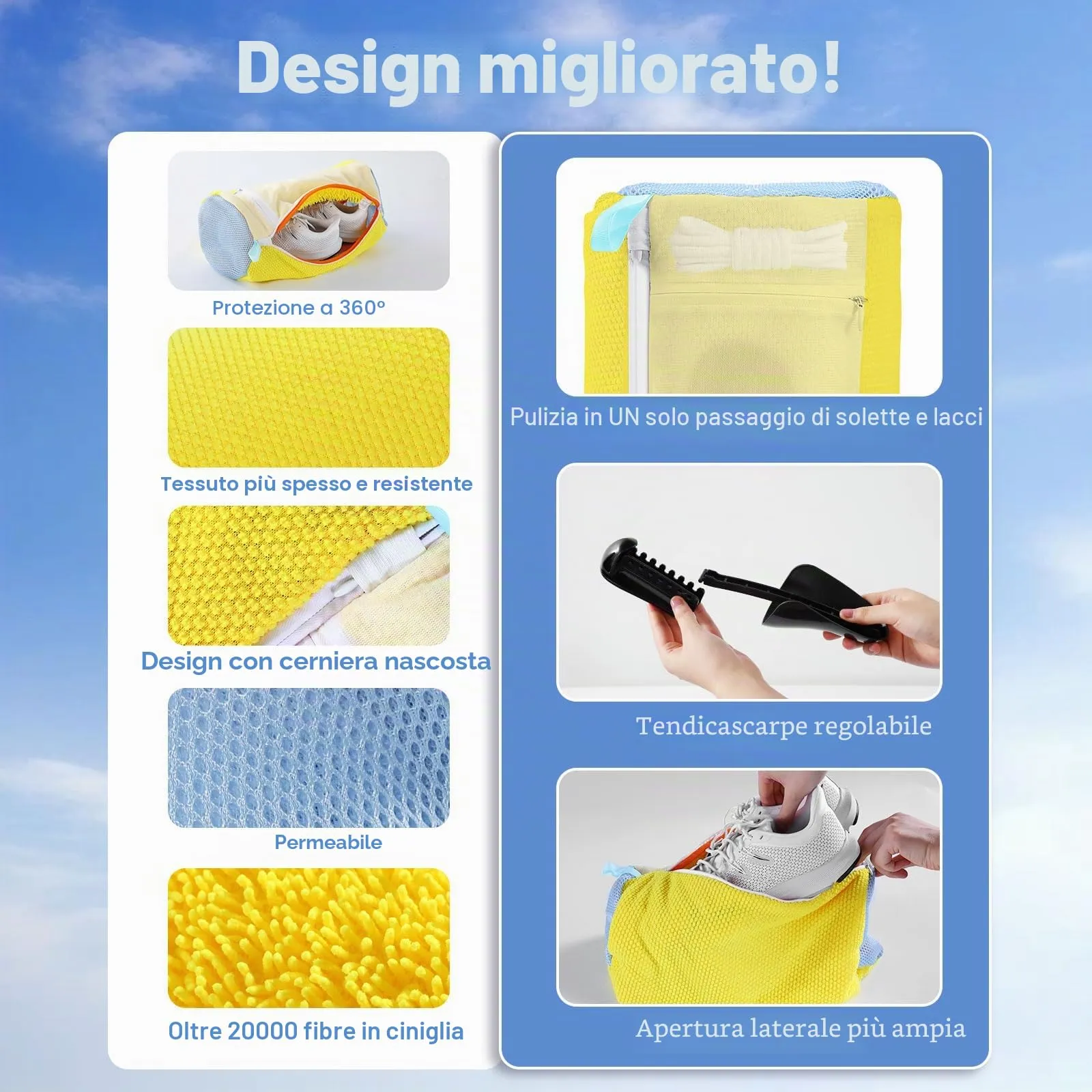 Teletrogy 2 Pezzi Sacchetti Scarpe Lavatrice Con Tendiscarpe Regolabili, Pulizia A 360° Tutto Campo, Riutilizzabile E Anti-Deformazione Per Lava Scarpe Lavatrice Con Cerniera Nascosta, Giallo - immagine 4