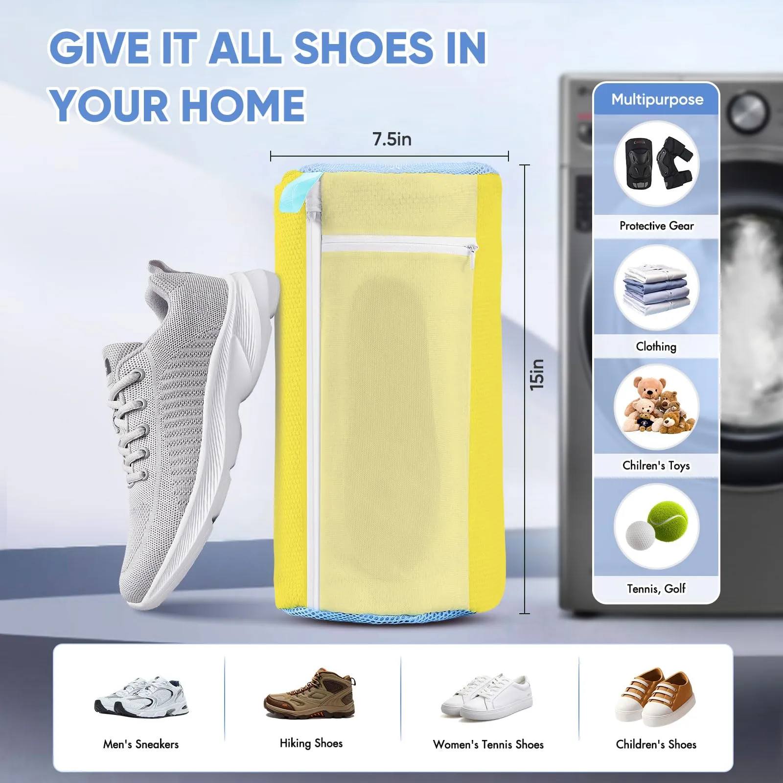 Teletrogy 2 Pezzi Sacchetti Scarpe Lavatrice Con Tendiscarpe Regolabili, Pulizia A 360° Tutto Campo, Riutilizzabile E Anti-Deformazione Per Lava Scarpe Lavatrice Con Cerniera Nascosta, Giallo - immagine 6
