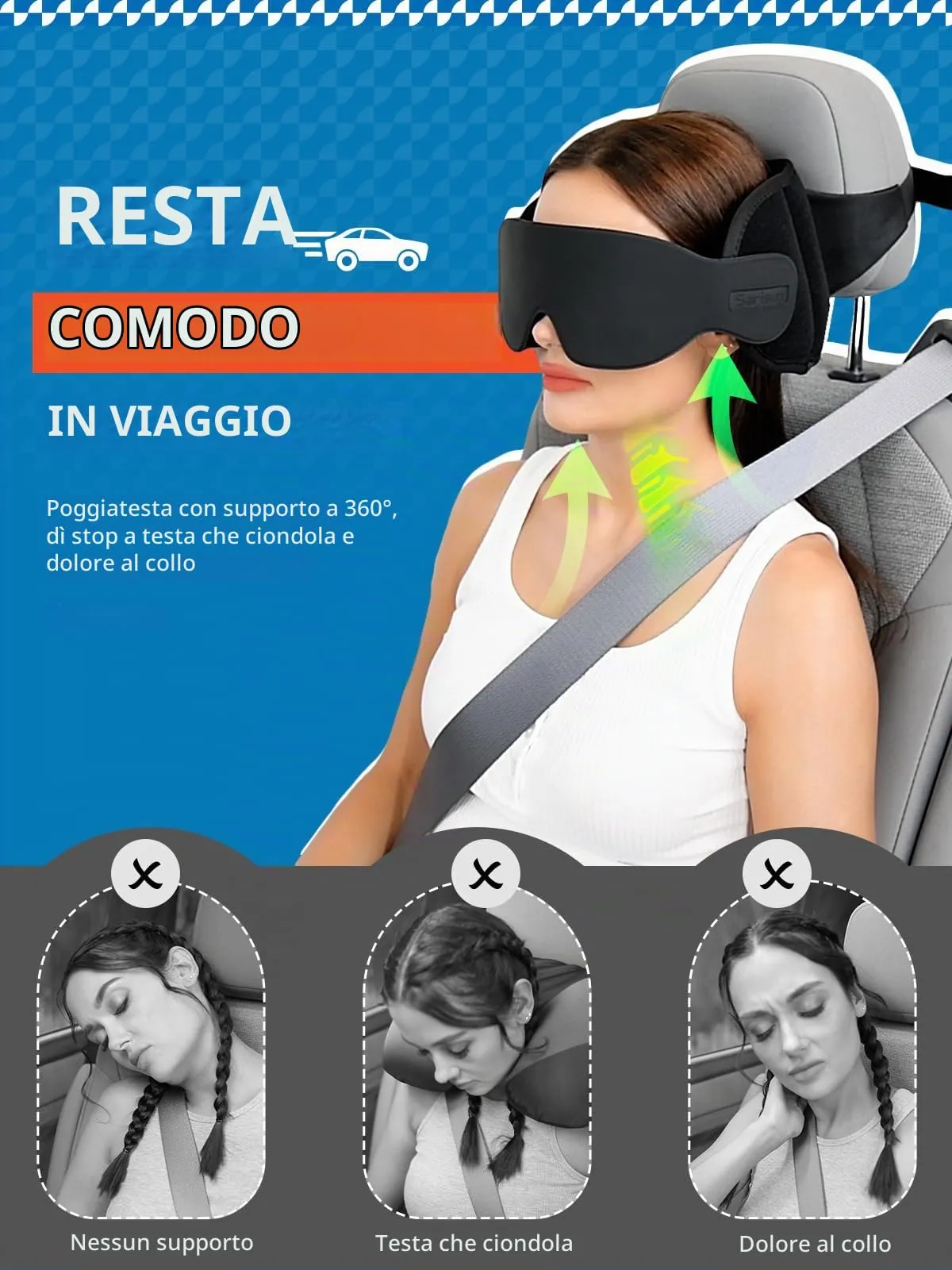 SARISUN Cuscino Da Viaggio, Cuscino Viaggio Per AUTO Con Mascherina 3D Per Dormire Cinghia Di Supporto Per La Testa 360°, Car Travel Pillow, Accessori Essenziali Per Viaggi Su Strada Nero - immagine 2