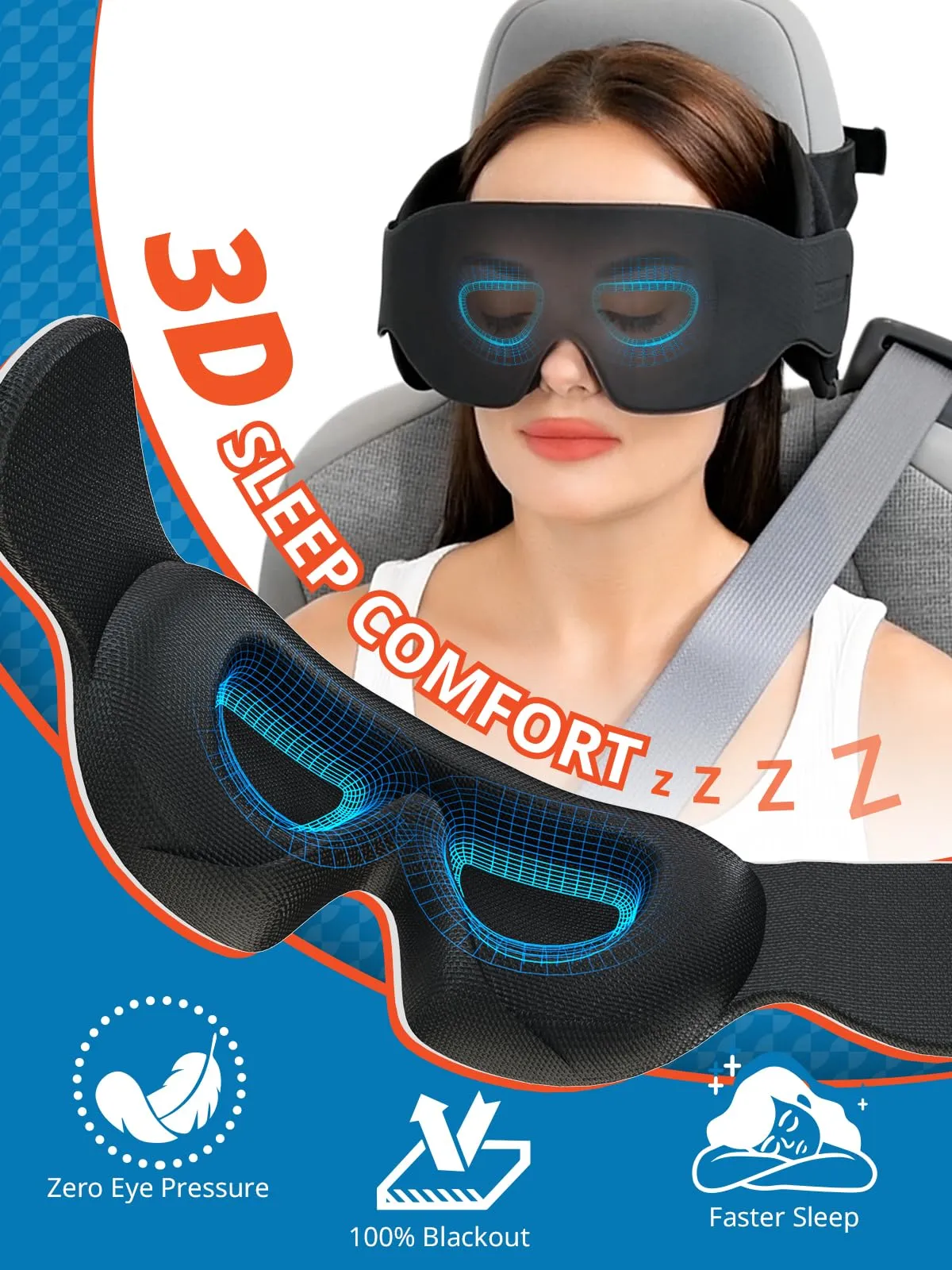 SARISUN Cuscino Da Viaggio, Cuscino Viaggio Per AUTO Con Mascherina 3D Per Dormire Cinghia Di Supporto Per La Testa 360°, Car Travel Pillow, Accessori Essenziali Per Viaggi Su Strada Nero - immagine 3