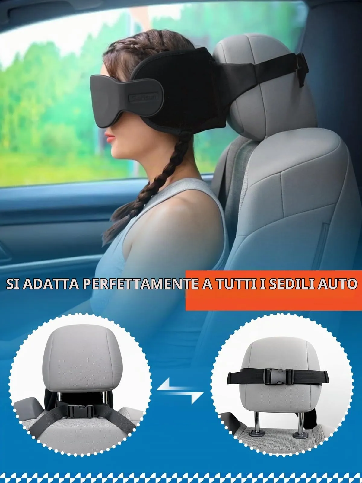SARISUN Cuscino Da Viaggio, Cuscino Viaggio Per AUTO Con Mascherina 3D Per Dormire Cinghia Di Supporto Per La Testa 360°, Car Travel Pillow, Accessori Essenziali Per Viaggi Su Strada Nero - immagine 5