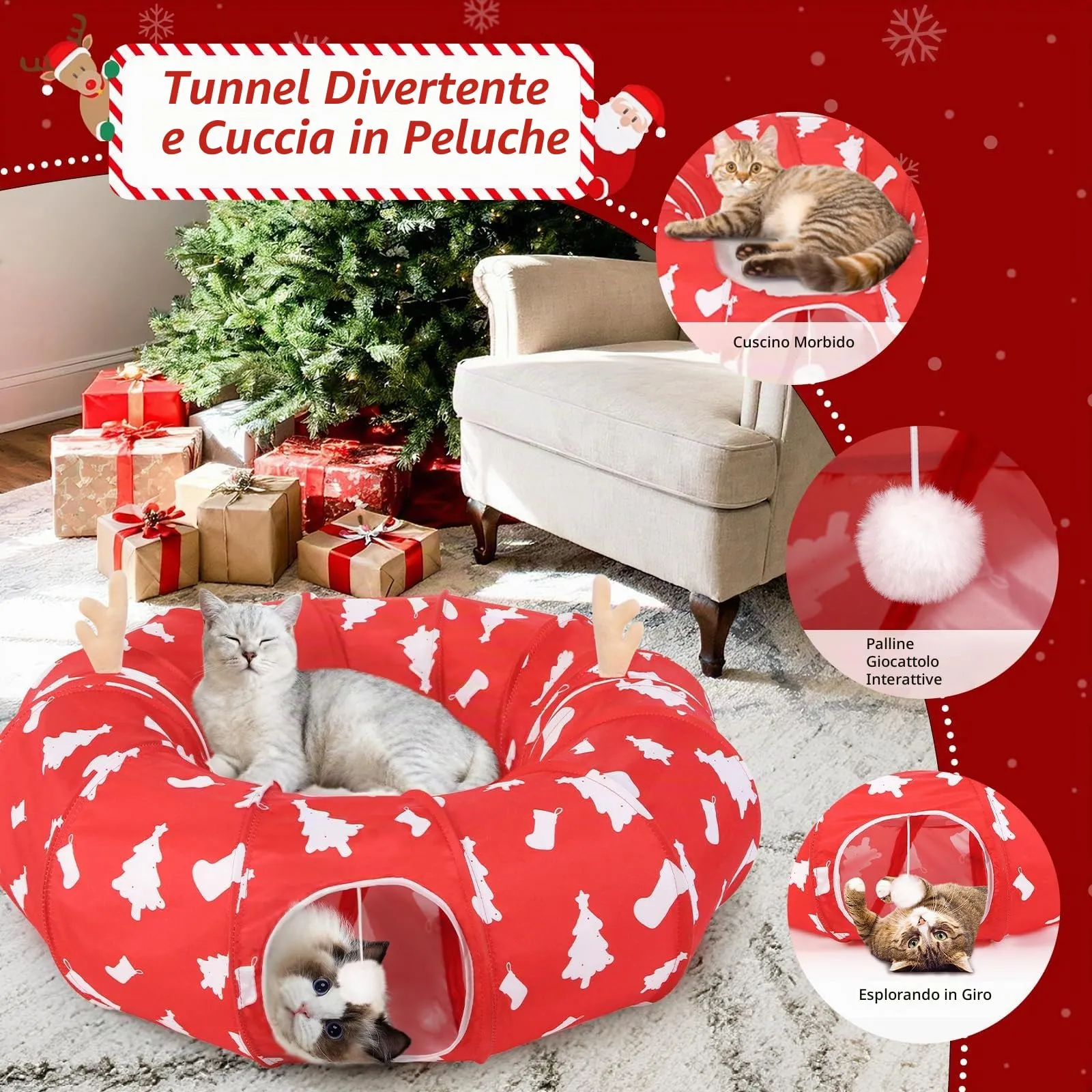 Tivray 90 cm Letto Tunnel per Gatti ad Albero di Natale con Cuscino Morbido - immagine 2