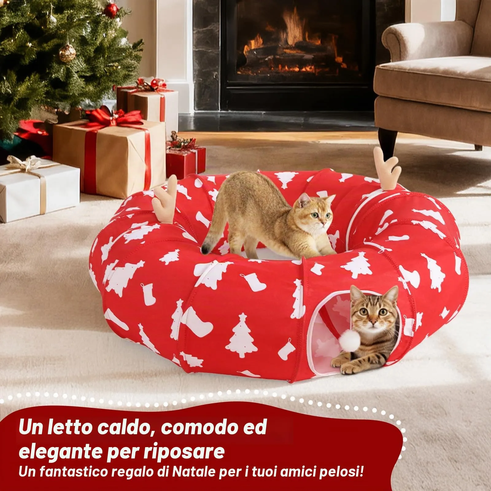 Tivray 90 cm Letto Tunnel per Gatti ad Albero di Natale con Cuscino Morbido - immagine 6