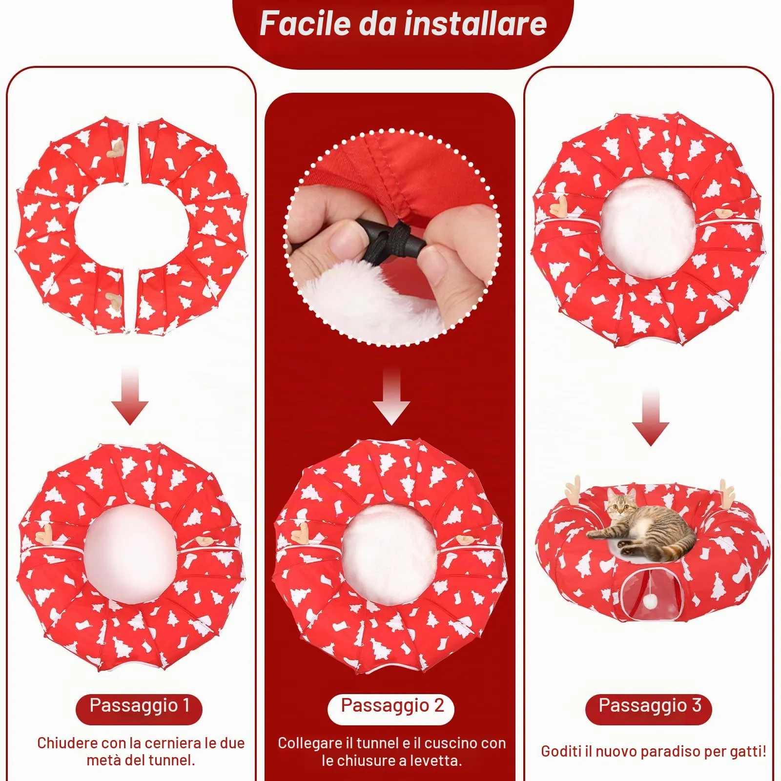 Tivray 90 cm Letto Tunnel per Gatti ad Albero di Natale con Cuscino Morbido - immagine 8