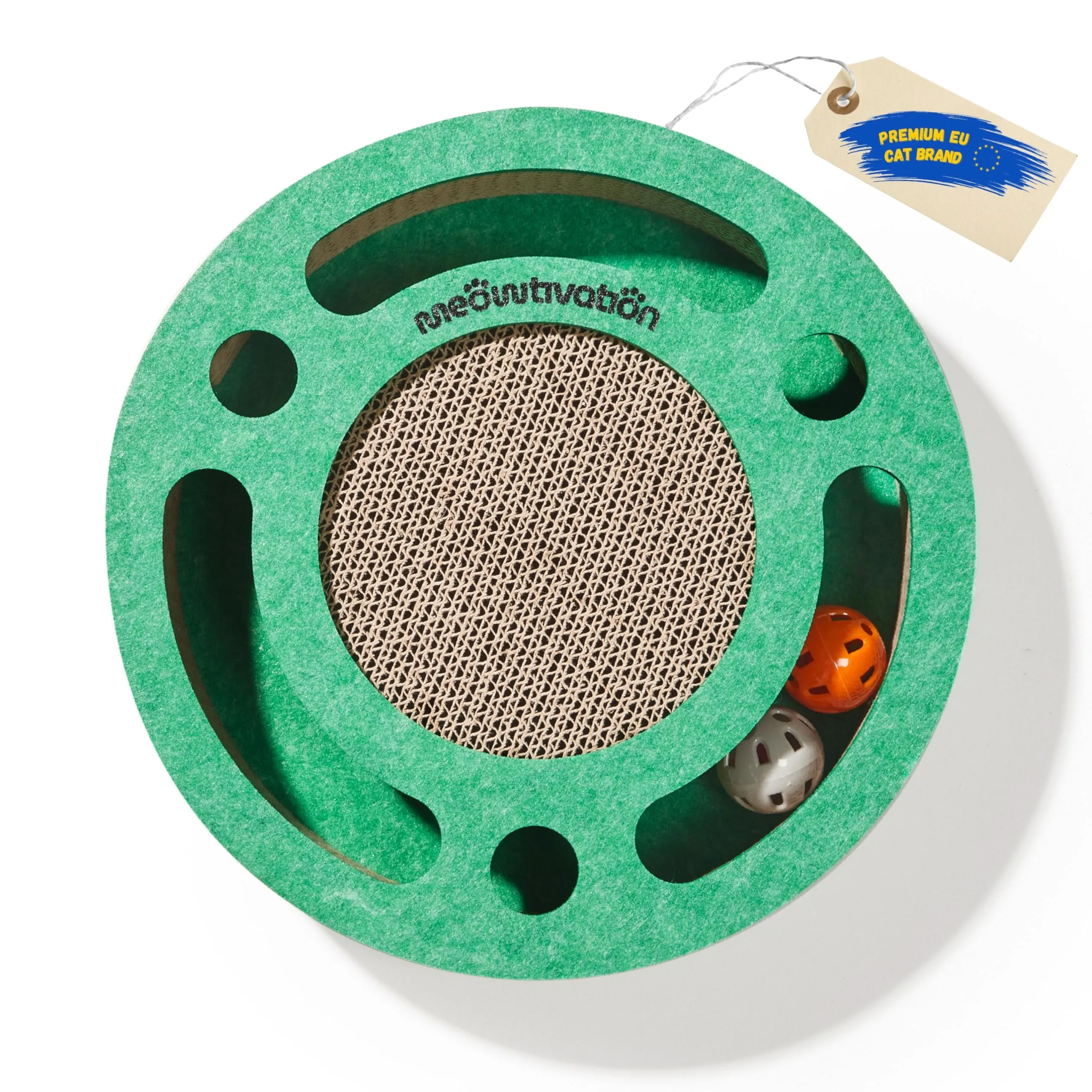 Tiragraffi per gatti con pista a sfere con campanellino – Gioco interattivo per gatti, tappetino tiragraffi in cartone ondulato con erba gatta, tavola tiragraffi, accessori per gatto (Verde) - immagine 1