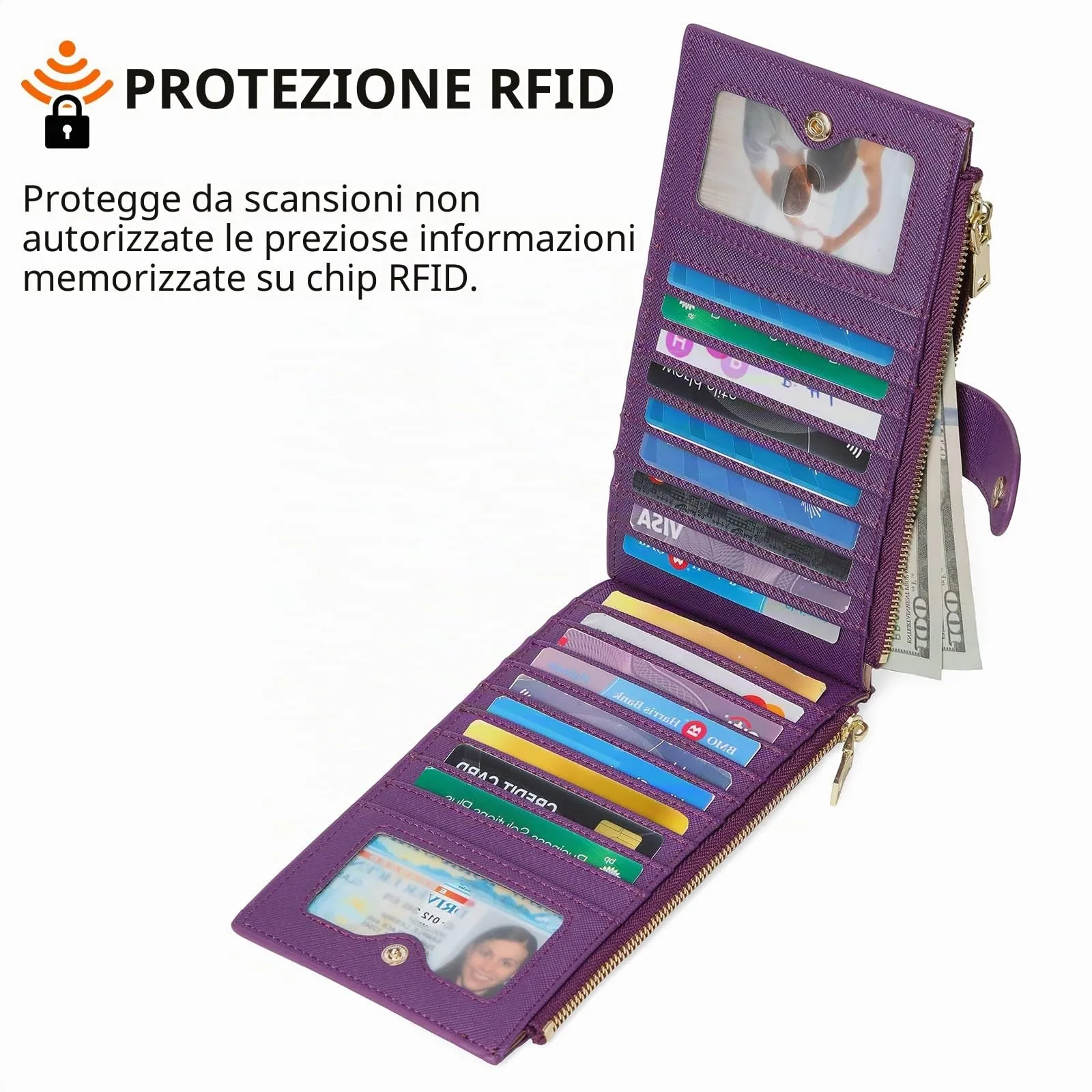 GOIACII Portafogli da donna con blocco RFID, grande, da viaggio, con porta carte di credito, A02 Viola - immagine 3