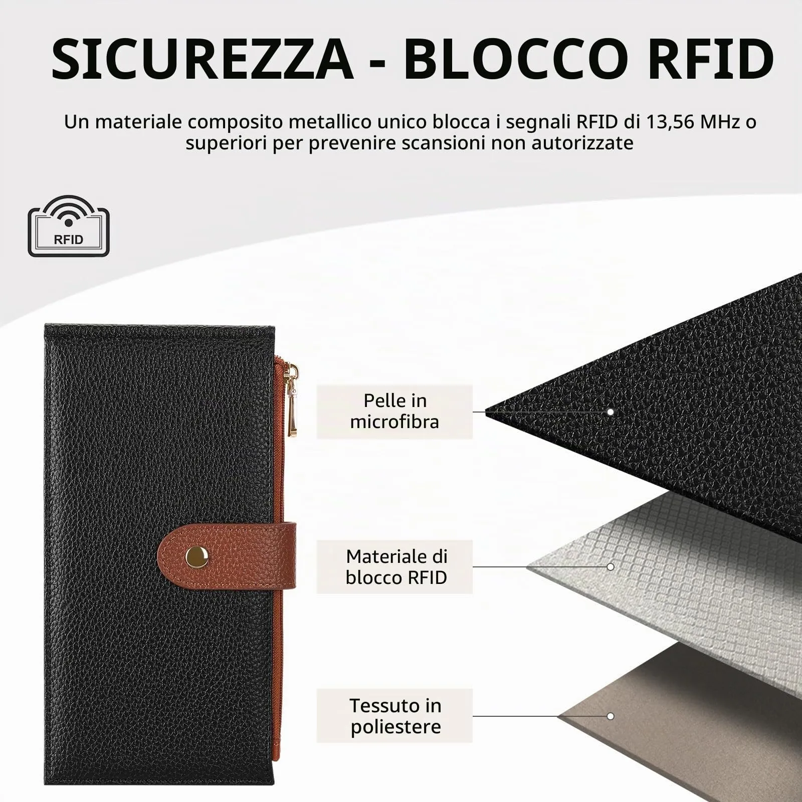 GOIACII Portafogli da donna con blocco RFID, grande, da viaggio, con porta carte di credito, B04 Nero Marrone - immagine 3