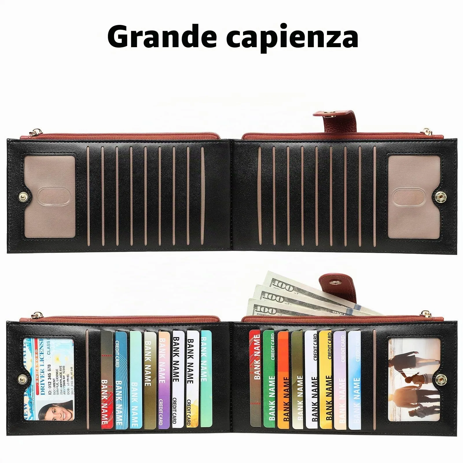 GOIACII Portafogli da donna con blocco RFID, grande, da viaggio, con porta carte di credito, B04 Nero Marrone - immagine 4
